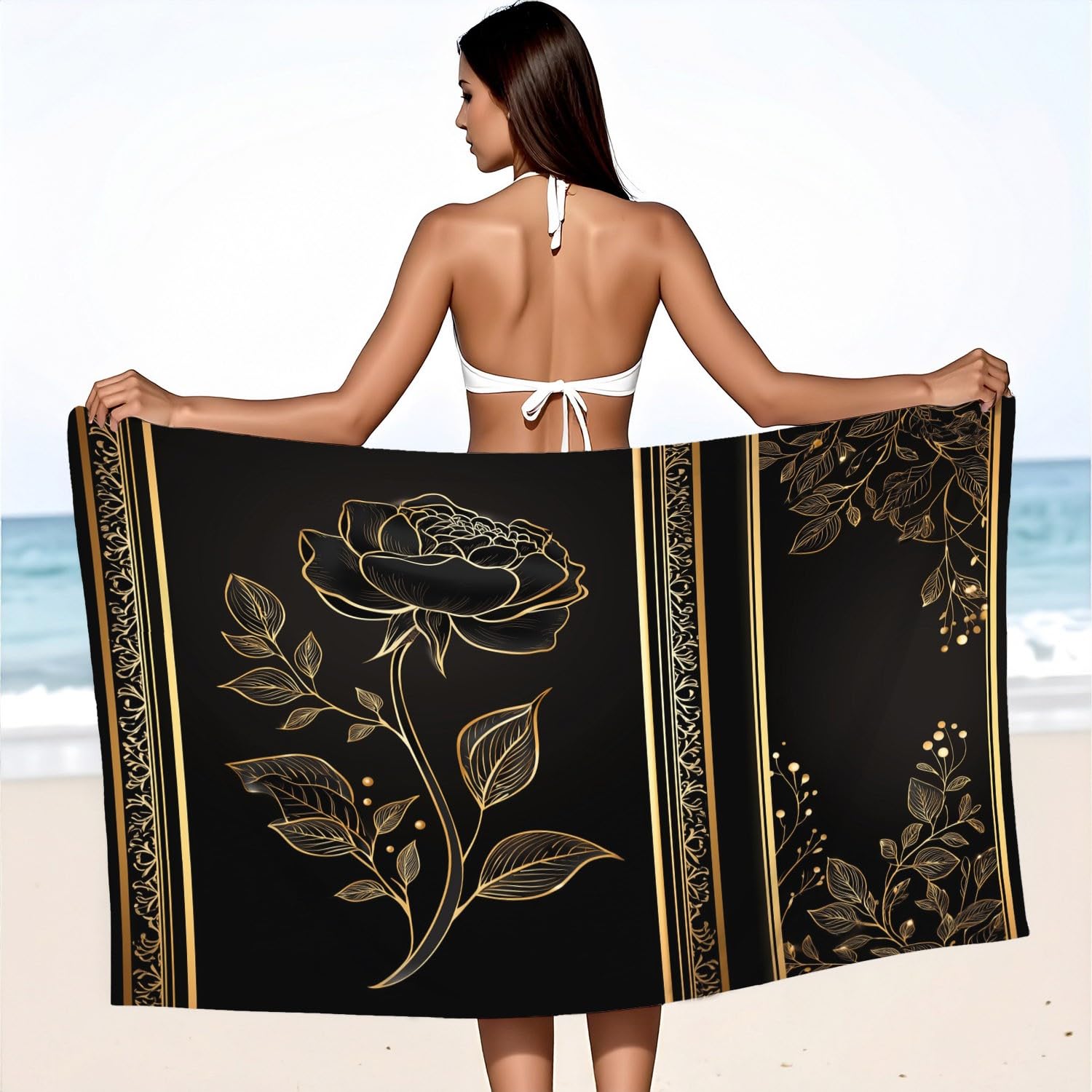 Générique Drap de Plage Anti Sable Sechage Rapide 200 cm x 100 cm Vintage Élégant Serviette de Plage Microfibre Luxe Gothique Orné Baroque Plantes Fleurs Absorbante Super Couverture de Plage