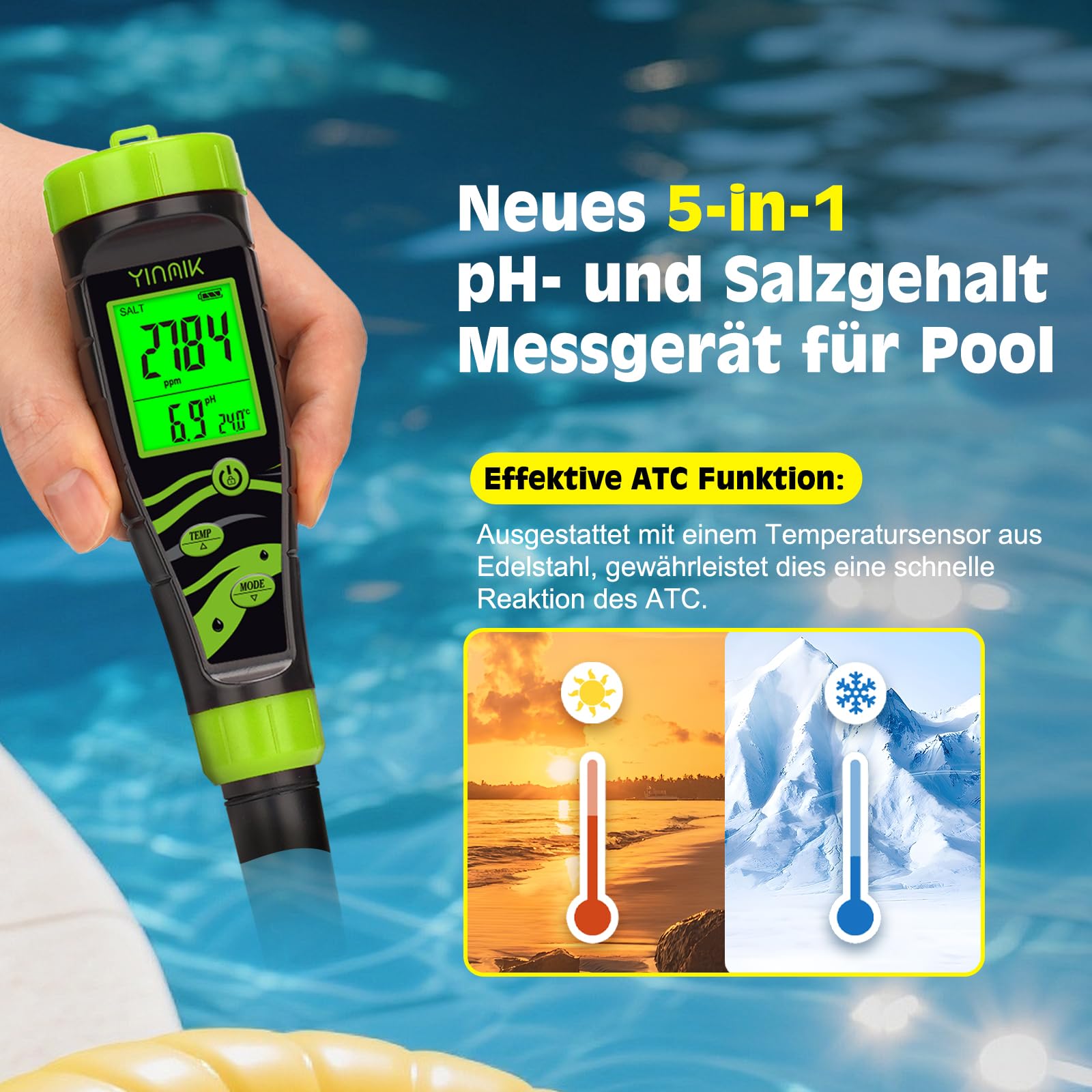 YINMIK 5 in 1 pH Messgerät Wasser, Pool pH Messgerät, Digitales pH EC Messgerät, Salzgehalt pH Tester, pH Leitfähigkeit Messgerät Grow, pH Salz EC TDS Temp Tester für Hydrokultur Trinkwasser Aquarium