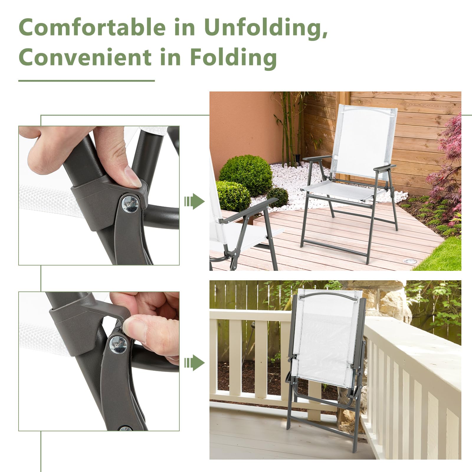 KOMFOTTEU Juego de 2/4 Sillas Plegables de Jardín, Sillas de Jardín Portátiles con Reposabrazos y Respaldo Alto, Sillones Ergonómicos con Carga de 150 kg, Asiento para Exterior (Blanco x 4)