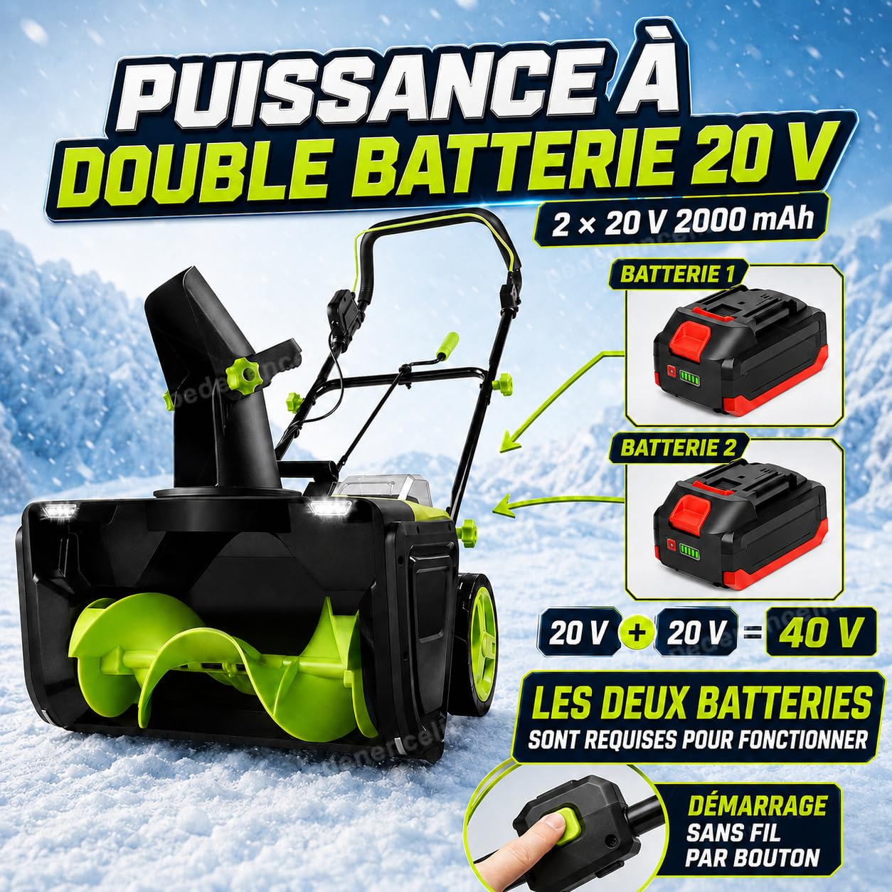 Fraise à Neige sans Fil, Moteur sans Balais 4batteries
