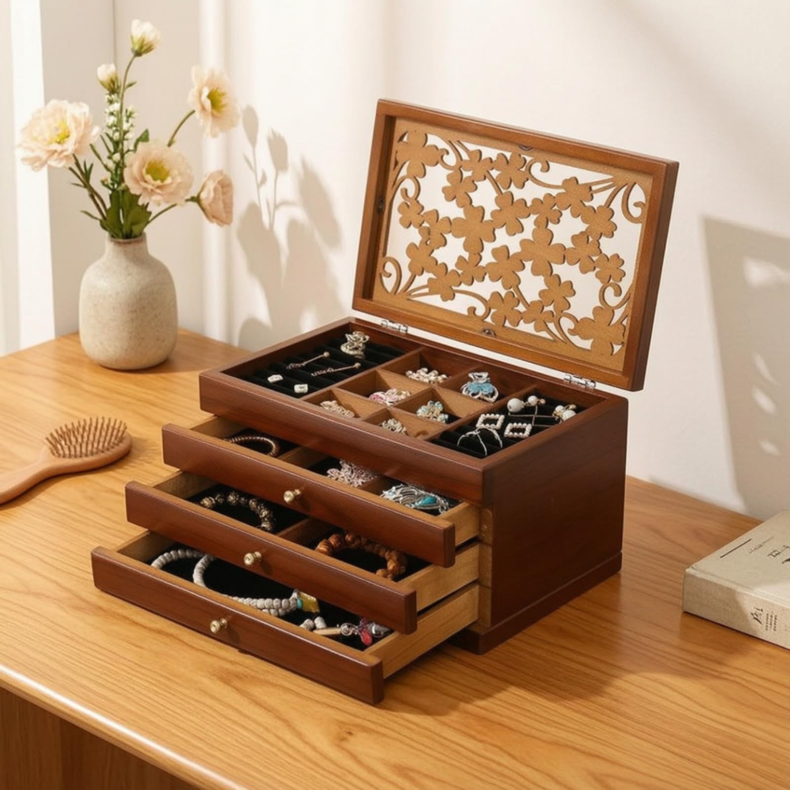 Organizer Gioielli Scatola Porta Gioie Cofanetto Cassettiera Legno Multilivello con Cassetti E Scomparti Foderati Ferramenta Resistente E Coperchio, Velvet Hook W Lock