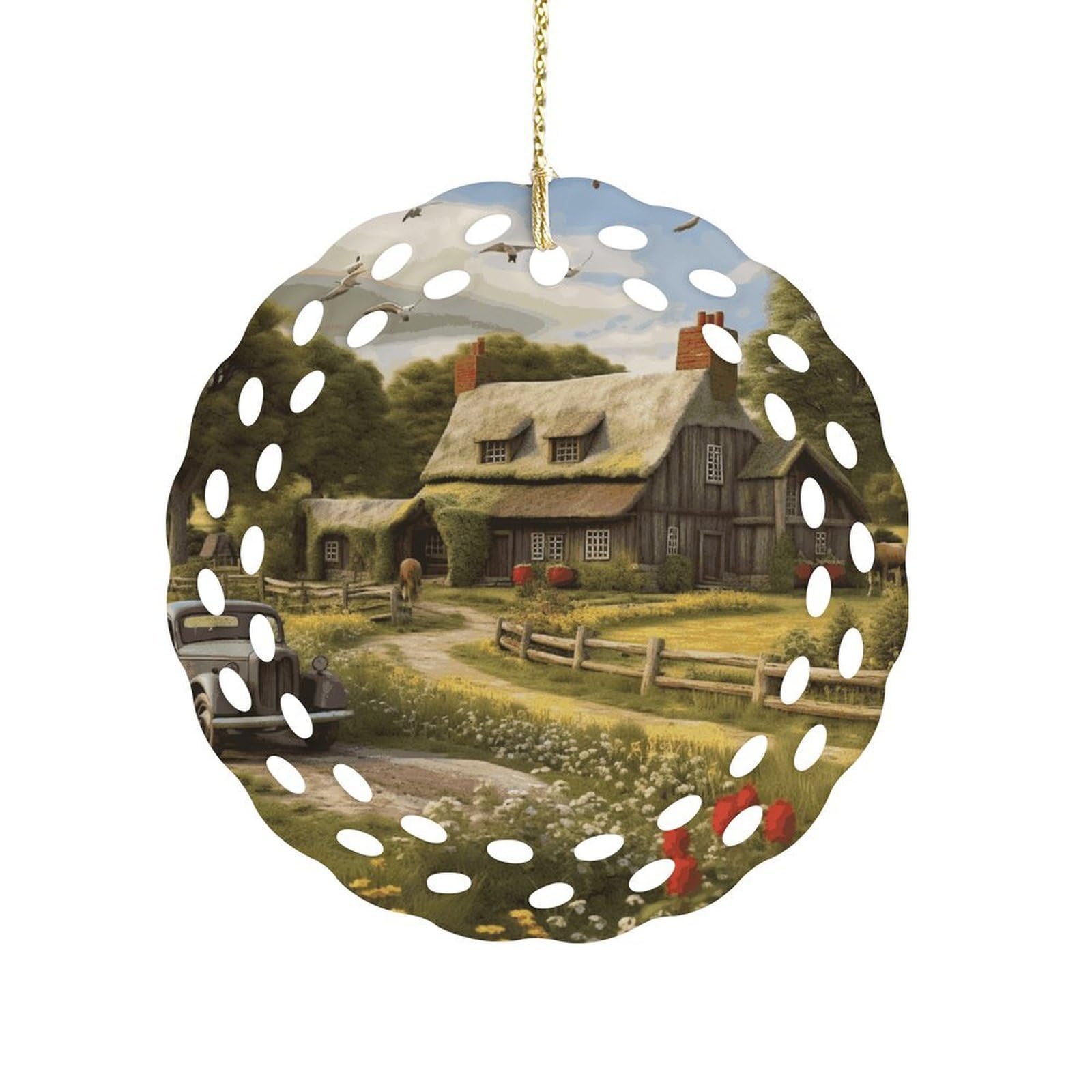 Fodpand Women's Style Farm Thatched Cottage Ceramic Ornament For Home Decor 3.2" Round Tree Decoration Christmas Ornaments For Men Double-Sided Design