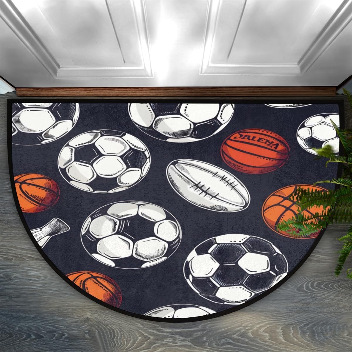 Sports Basketball Football Half Round Door Mat, Non-Slip Half Circle Mat Indoor Rug, Washable Area Rug Entrance Doormat for Kitchen Laundry Room 24 x 36 in