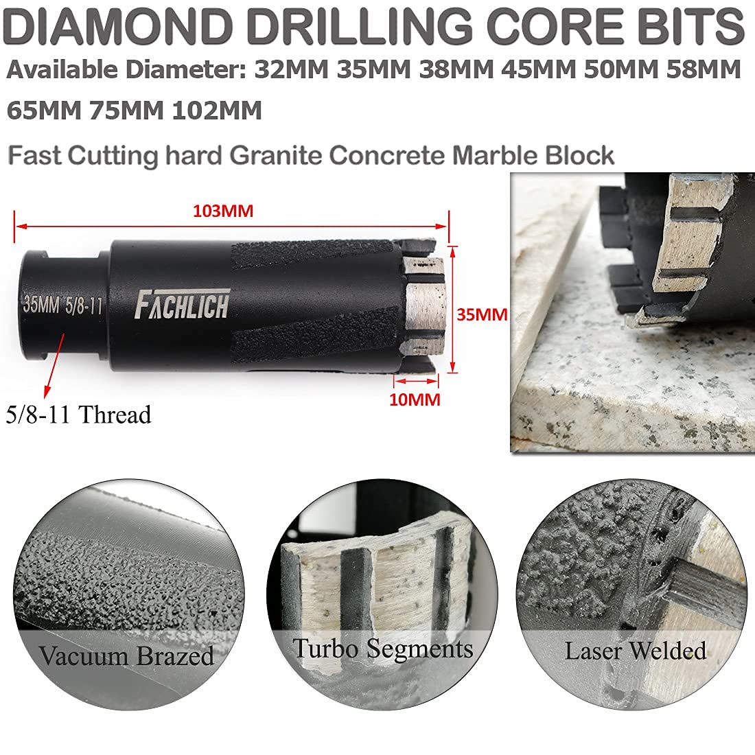 Advanta 2" Laser Welded Diamond Core Drill Bit For Granite & Marble – With Side Protection (Model CDTS02000A5P) - View #2