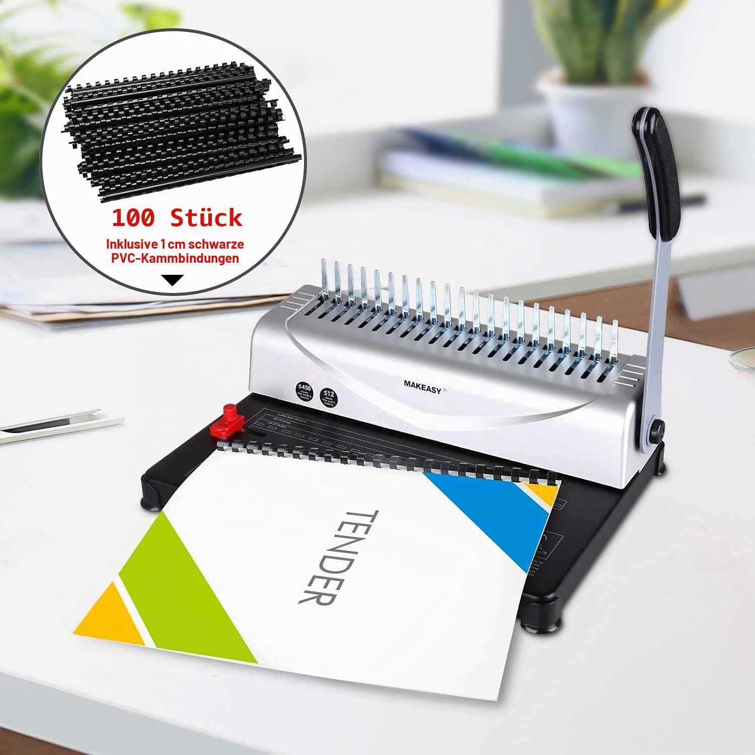 MAKEASY Bindemaschine 21-Loch bis DIN A4 | Stanz- & Spiralbindegerät für bis zu 450 Blatt | Stanzkapazität 12 Blatt inkl. 100 Plastikbinderücken Starterset | für Büro, Homeoffice & Schule