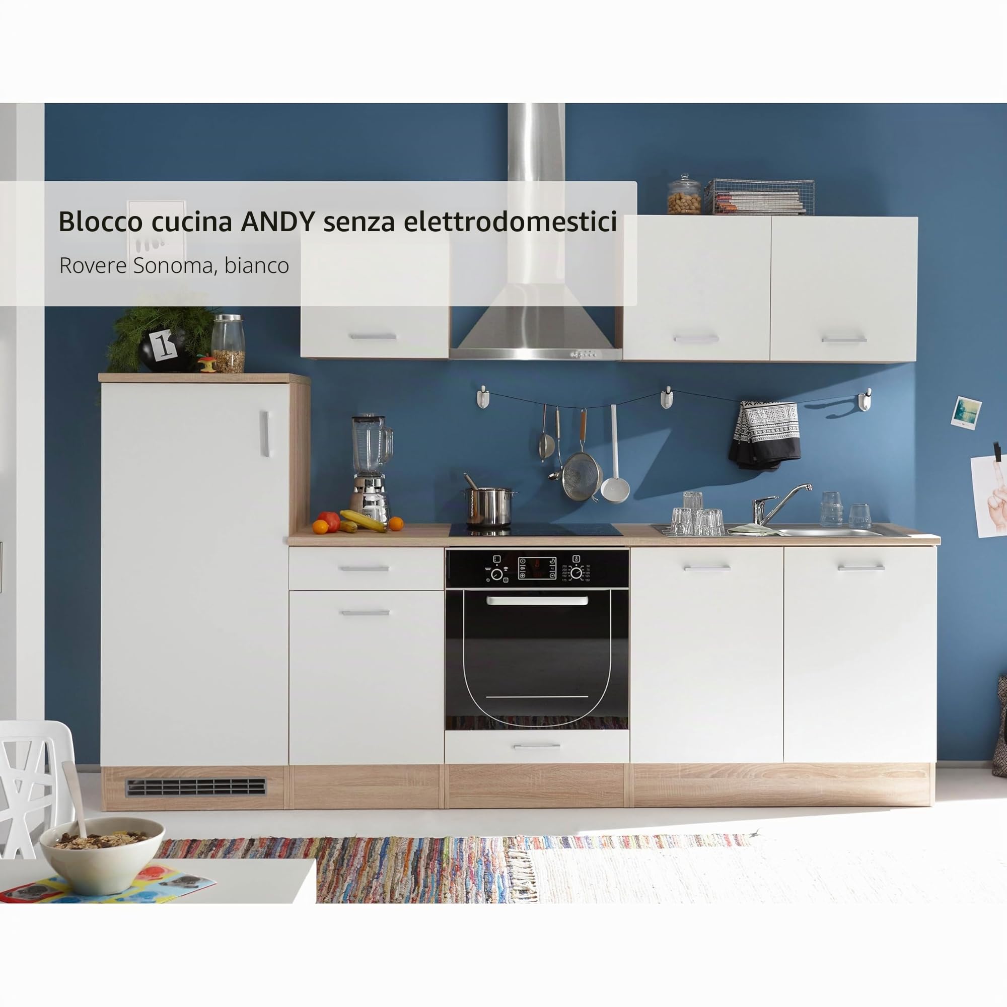 Stella Trading ANDY Mobile da cucina moderno senza elettrodomestici Rovere Sonoma, Bianco opaco, Cucina componibile spaziosa con tanto spazio, 270 x 195 x 60 cm