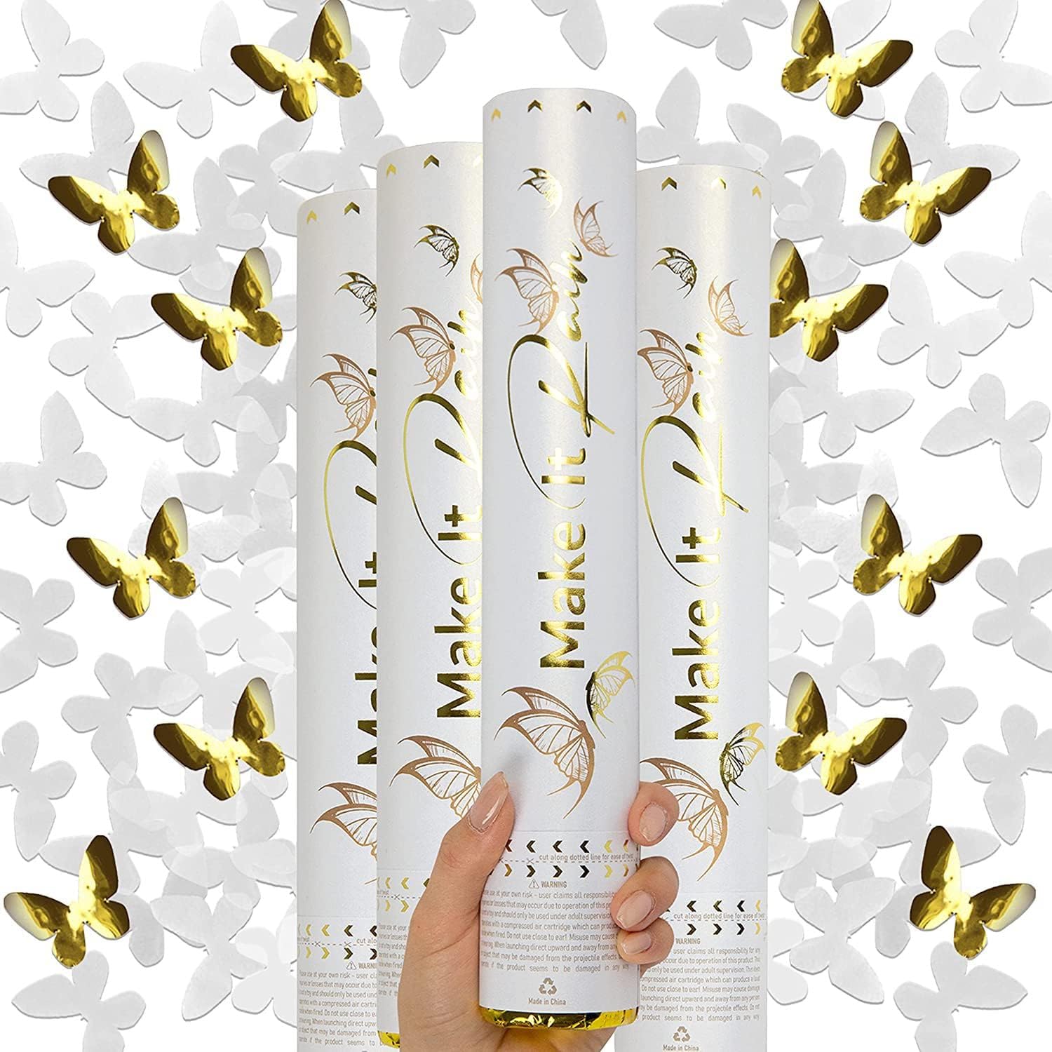 PYEBE 6 Pack Gold Confetti Party Poppers Confetti Shooters | 1x Streamer Poppers and 3x Star for Celebrations | Confetti Gun for Birthday, Graduation, New Years Eve, Wedding, Photo Shoot (White, 6)