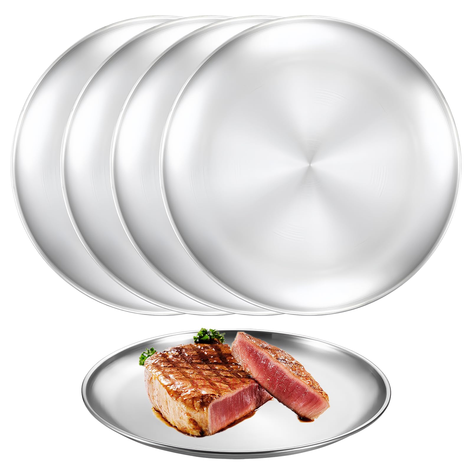 Sporgo 4 piatti in acciaio inossidabile: Φ 20 cm stoviglie rotonde in acciaio inox, piatti da campeggio, piatti da campeggio, picnic, escursioni, cucina, Par (A)
