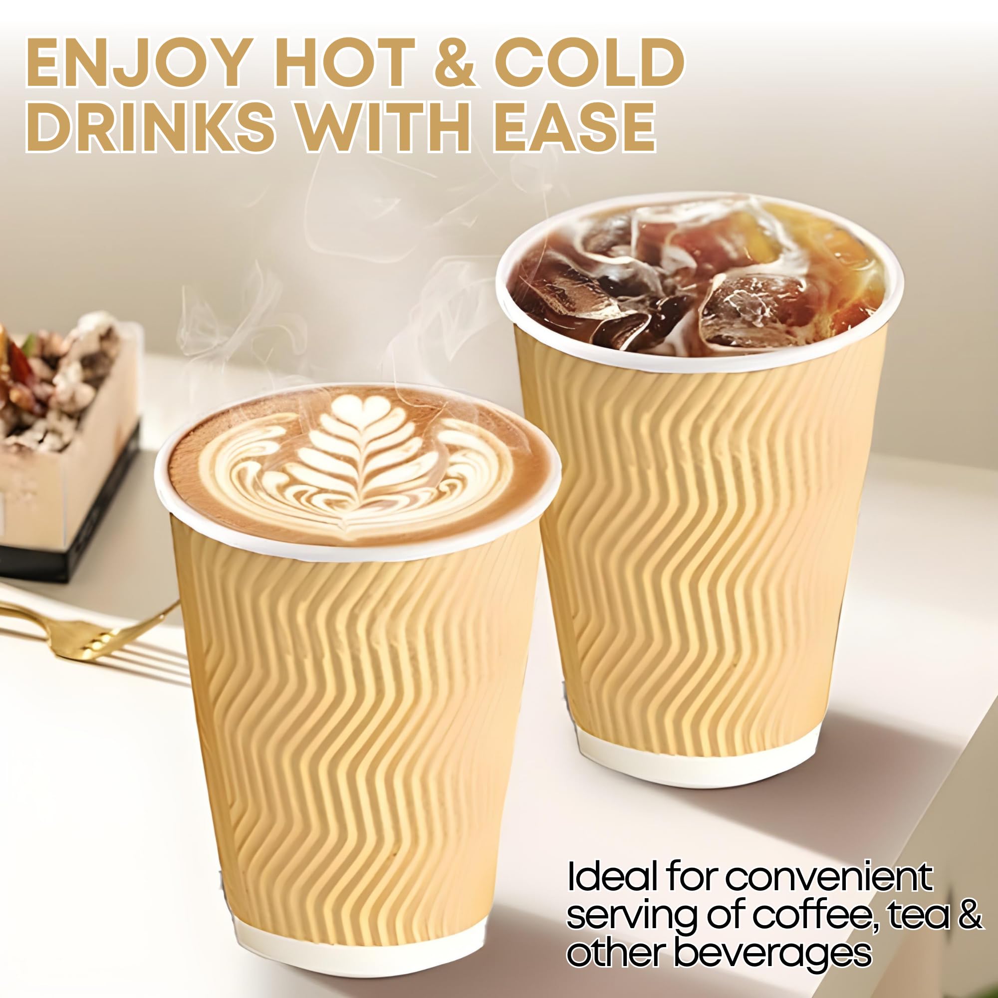 50 Pack 12oz Ripple Wall Disposable Coffee Cups With Lids - Insulated, BPA Free, For Hot & Cold Drinks - View #3