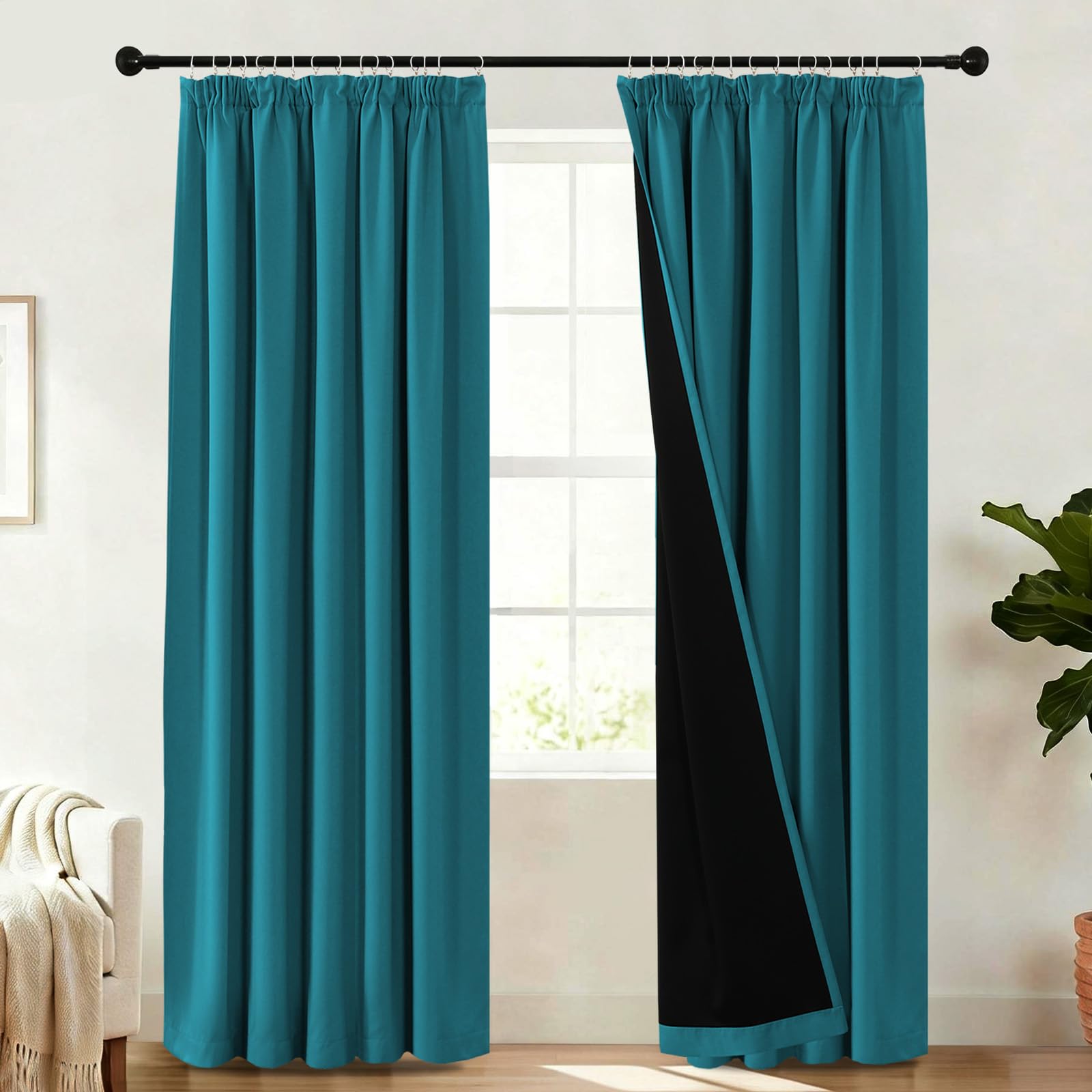 BellaHills 100% Blackout Curtains for Bedroom Thermal Insulated Curtains & Drapes for Living Room Black out Window Curtain with Hooks Pencil Pleat Back Tab Rod Pocket 2 Panels,W90 X L90,Turquoise Blue