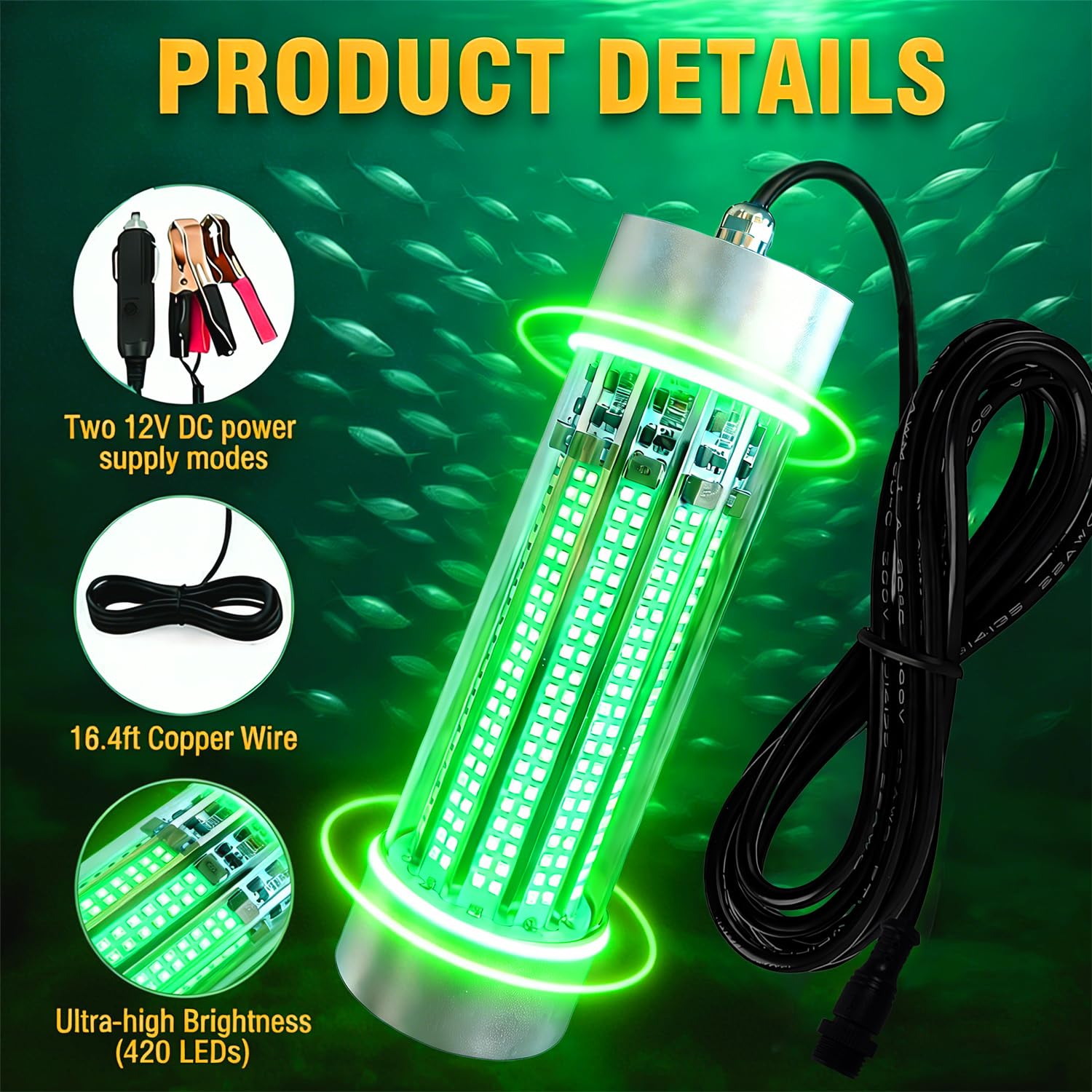 Luces de pesca subacuáticas para exteriores, superbrillantes, 12 V, 30 W, 70 W, 100 W, 6000-12000 lm, IP68, impermeable, luz LED verde, luz de pesca sumergible para pesca nocturna con cable