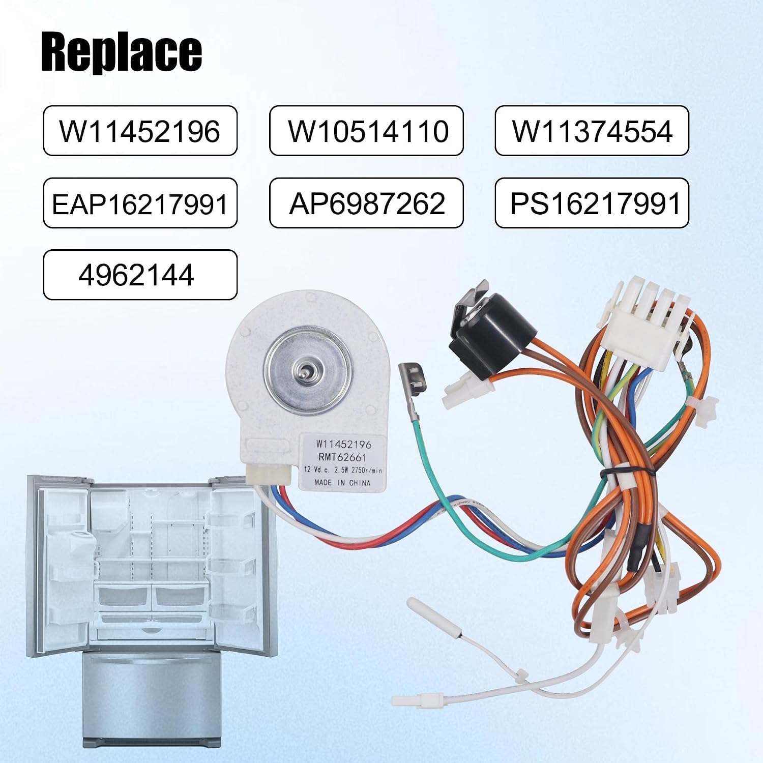 W11452196 Refrigerator Evaporator Fan Motor Compatible with Whirlpool Refrigerator Replaces W10514110 W11374554 4962144 AP6987262 PS16217991 EAP16217991