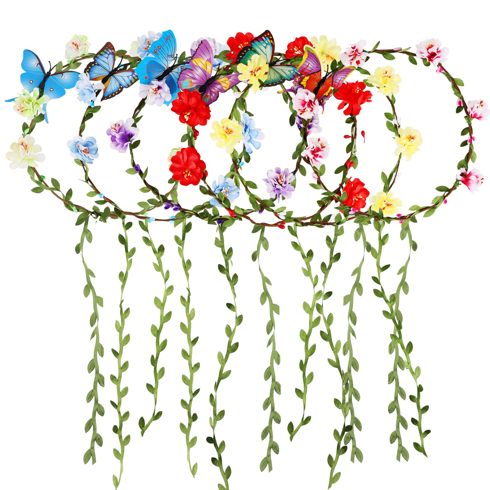 6 Piezas Flor Diadema Corona Venda,Mariposa Cinta de la Hoja Guirnalda Floral del Pelo,Tocado Bohemio Multicolor Accesorios para Cabello,Mujeres Nino Boda Novia Festival Vacaciones Cumpleaños Fiesta