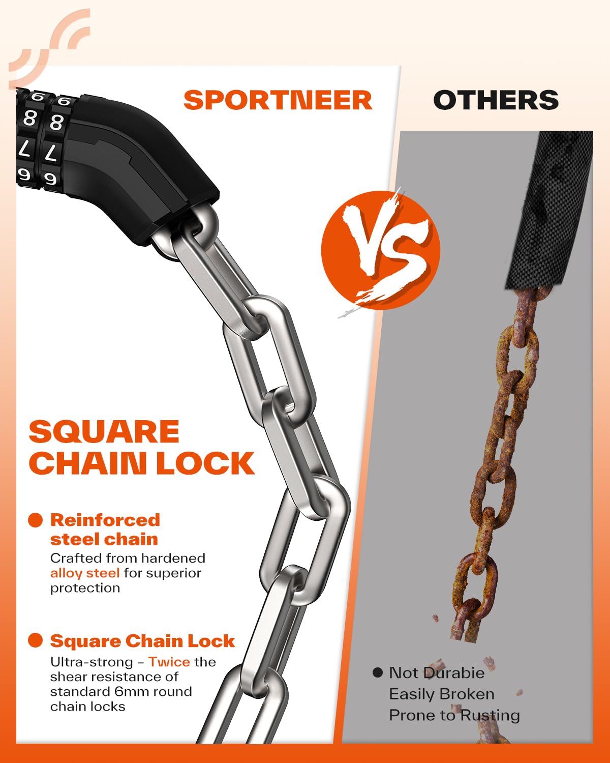 Sportneer Antivol Vélo Chaîne – Cadenas à Combinaison 5 Chiffres, Acier Trempé 6mm X 100cm, Housse Nylon
