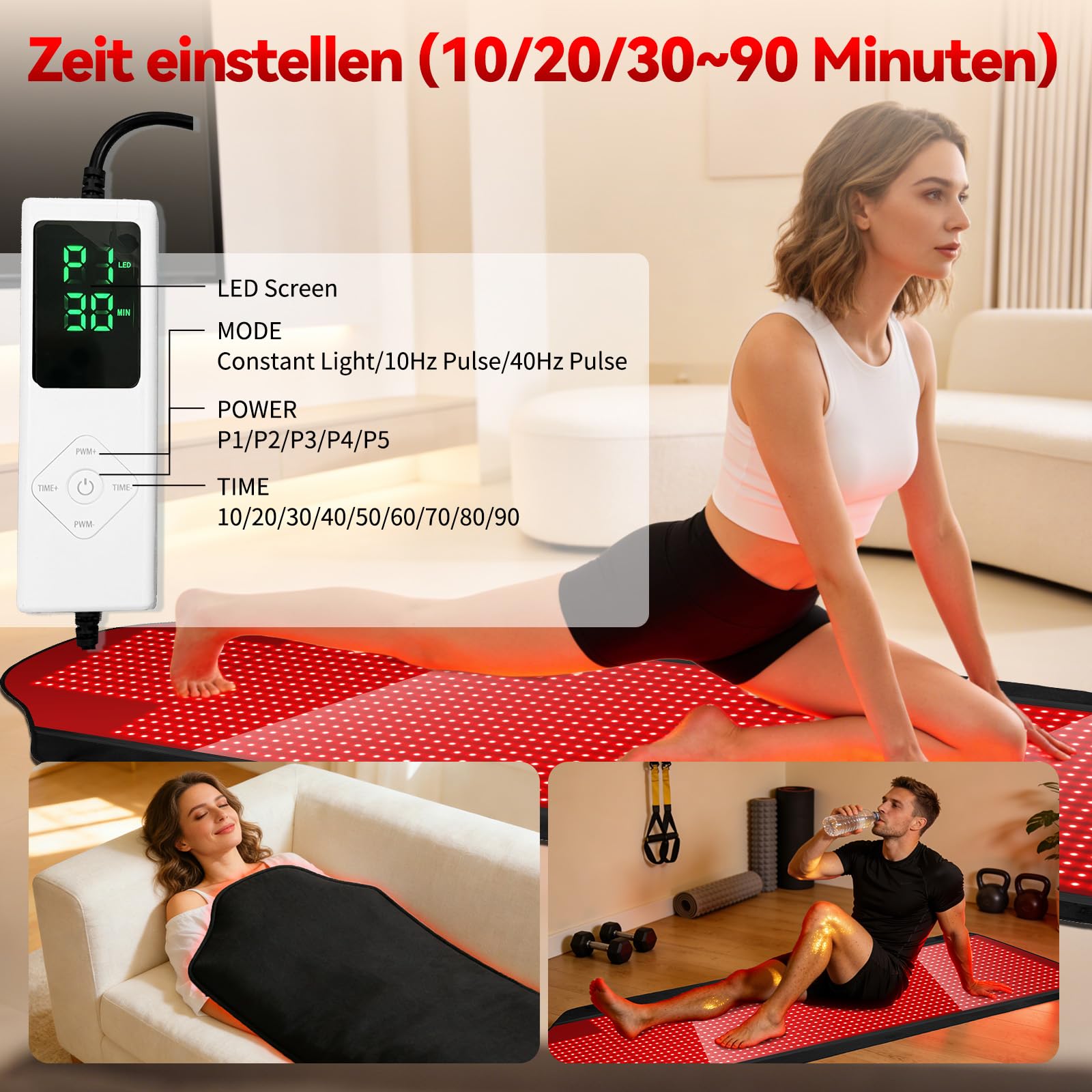 Infrarottherapie & Rotlichttherapie zur Schmerz, 185 * 90cm Infrarot Matte mit 660nm & 850nm 1444 LED Red Light Therapy 5 Helligkeitsstufen Timer, Rotlicht Infrarot Infrarotlampe für Ganzkörper