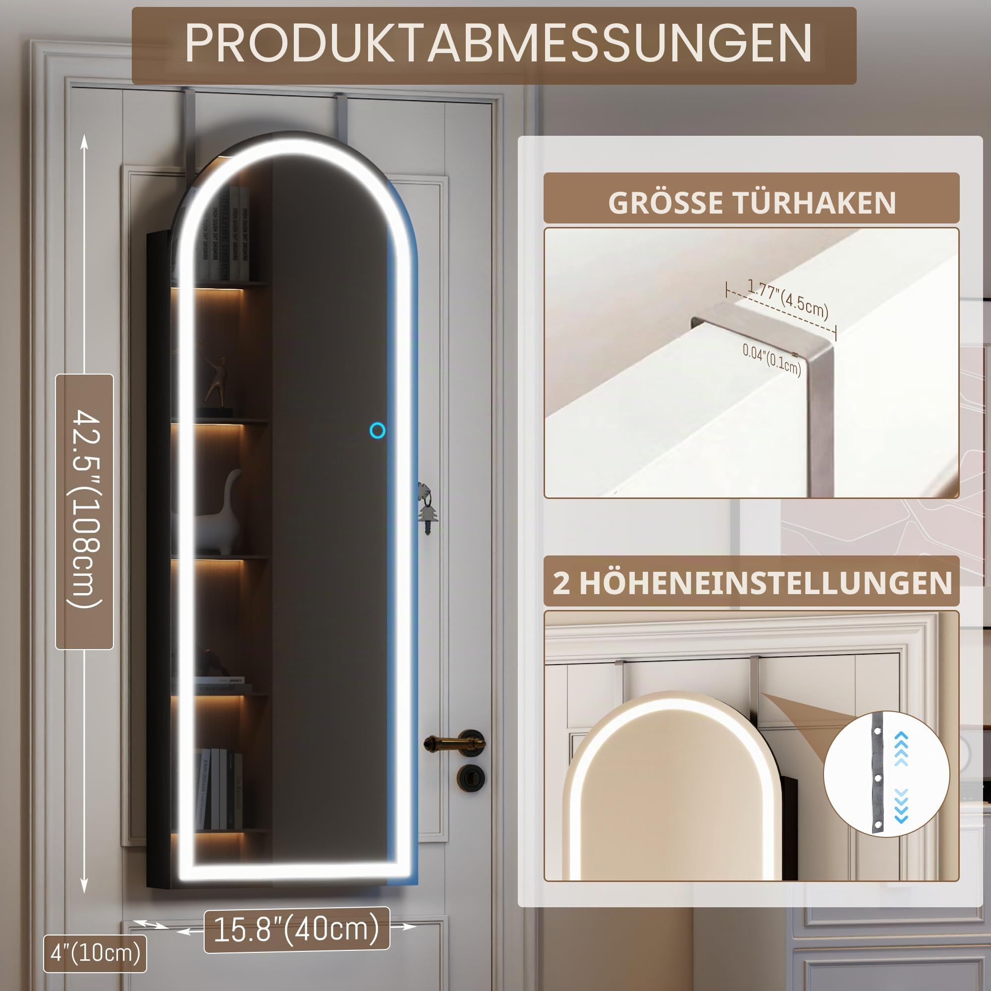 LVSOMT LED Gewölbter Schmuckschrank Hängend, Schmuckschrank mit Spiegel und Licht, Wand/Tür Hängend Schmuck Schrank Abschließbarer, Bogen Spiegel mit 3 Farben Licht, Höhenverstellbarer Haken, Schwarz