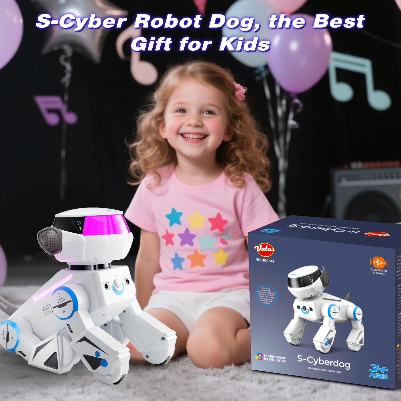 VATOS Perro Robot Recargable para Niños, Perro Robótico a Control Remoto con Ojos LED Multicolores y 17 Funciones Interactivas, Juguete de Cachorro Robot Que Canta y Baila, Regalo para Niños, Blanco