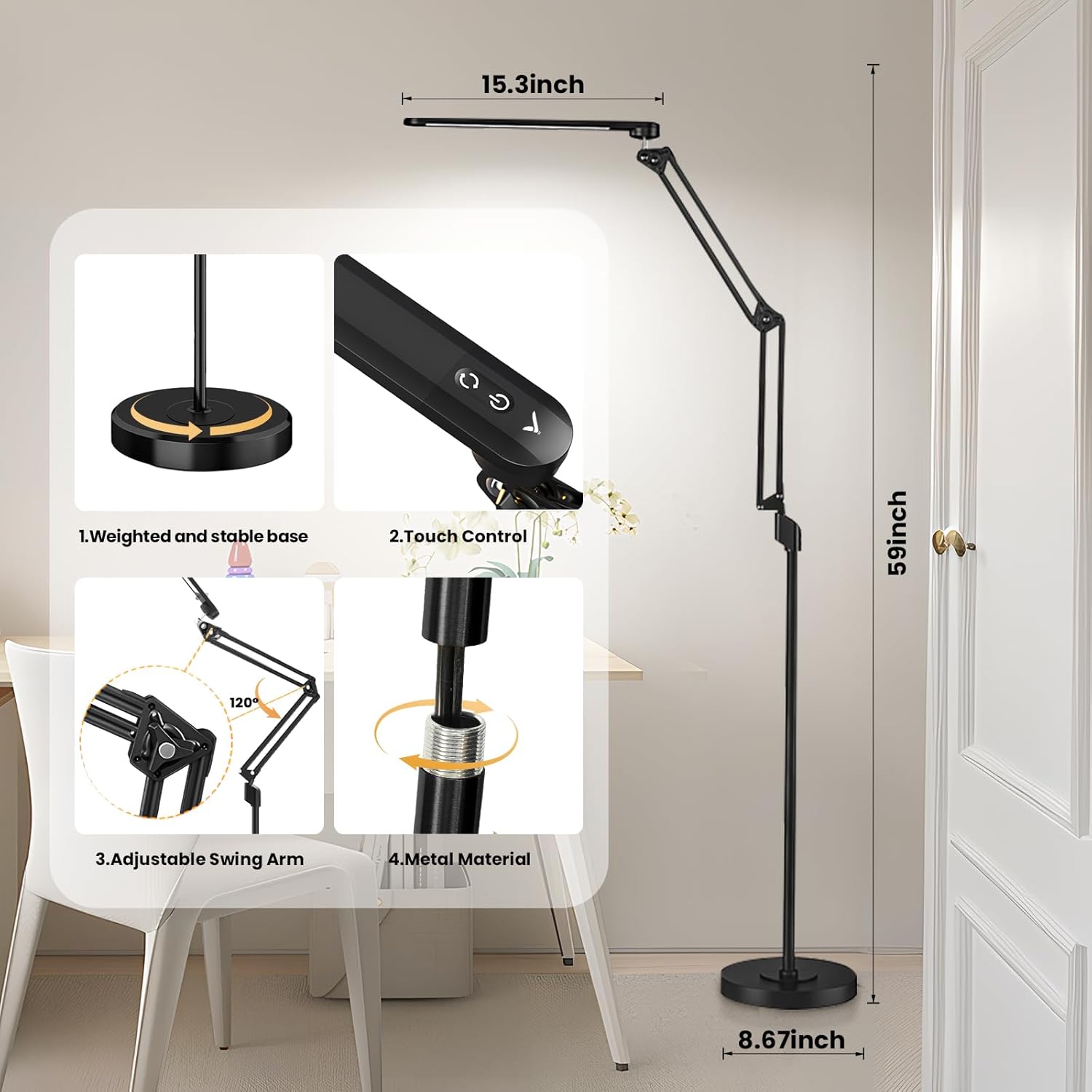 Diagram showing VEYFIY Floor Lamp dimensions and assembly components