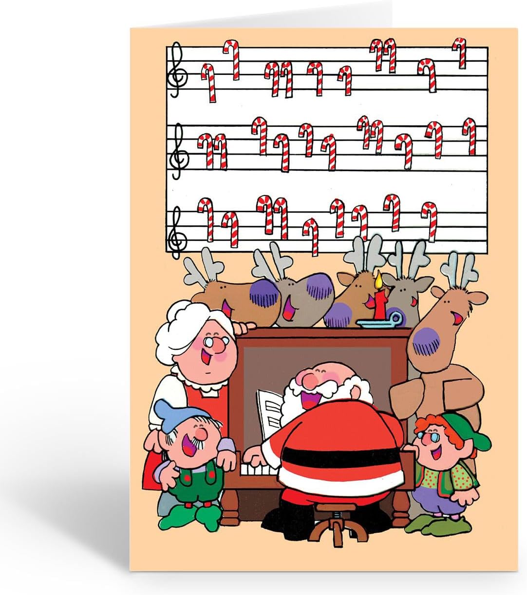 Stonehouse Collection Piano Christmas Cards, Santa Playing Piano with Mrs. Claus & Reindeer Singing – Set of 24 Music Holiday Cards with White Envelopes – Made in USA (Personalized)