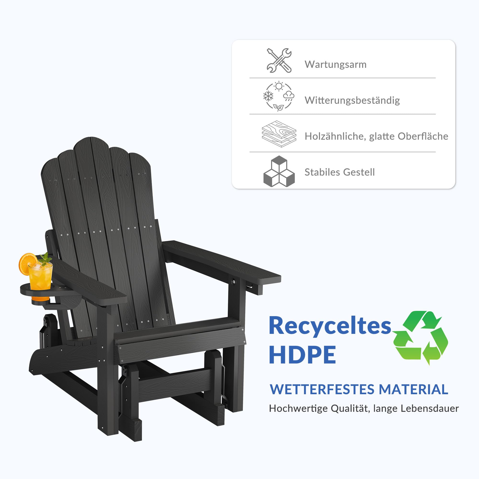 Sedia a dondolo Adirondack con schienale regolabile,sedia a dondolo per patio in simil-legno resistente alle intemperie con portabicchieri, meccanismo di oscillazione fluido,capacità di peso 200 kg