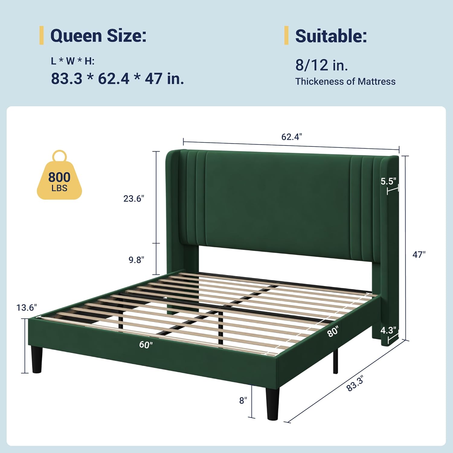 Allewie Queen Size Velvet Platform Bed Frame with Vertical Tufted Wingback Headboard, Easy Assembly, Under Bed Storage, No Box Spring Required, Modern Style, Green