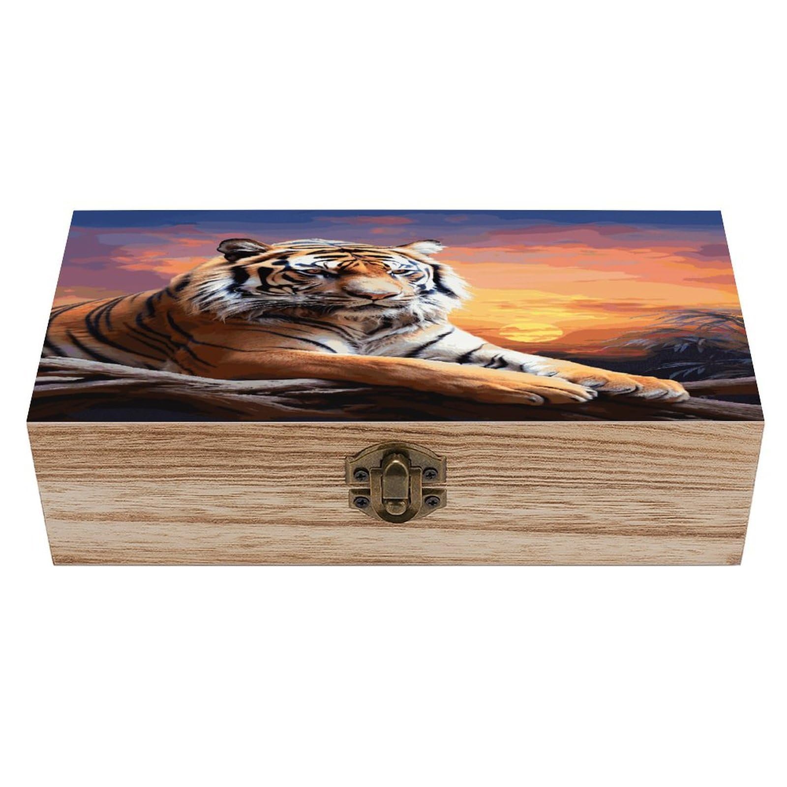 VstaDank Tiger Colorful Sunset Wooden Storage Box Wooden Keepsake Box with A Hinged Lid Fashion Memory Treasure Boxes Decorative Jewelry Case for Crafts Photo Home Decor Wood Gift Box