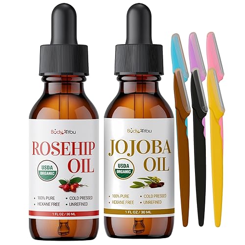 BodyJ4You Aceite de jojoba con 6 piezas de maquinilla de afeitar + aceite de rosa mosqueta para mujeres, cabello de la piel de la cara, 100% puro y