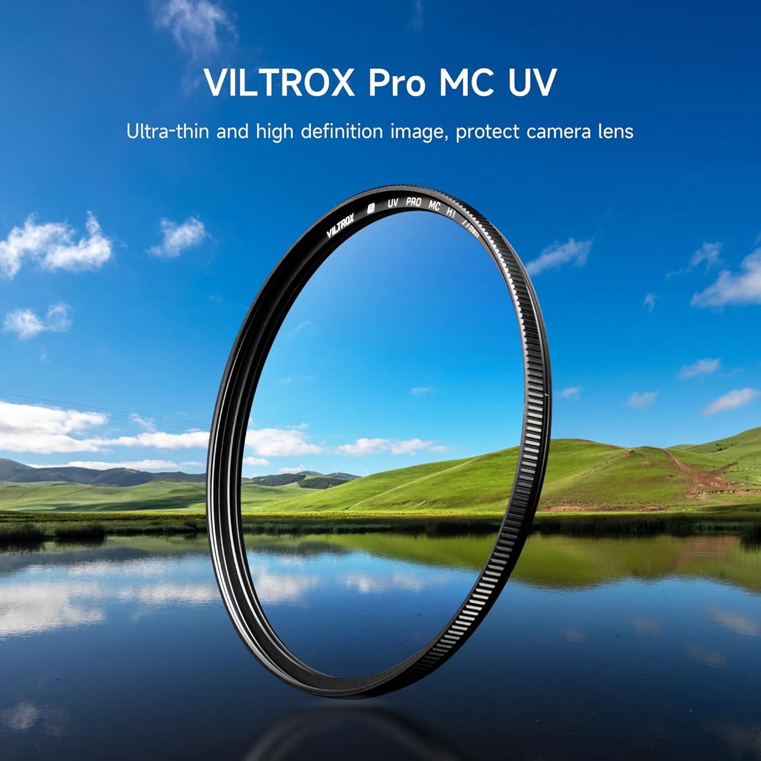 VILTROX Pro MC UV filter positioned in front of a scenic landscape with a lake and mountains, highlighting its ultra-thin design and high definition imaging capabilities.