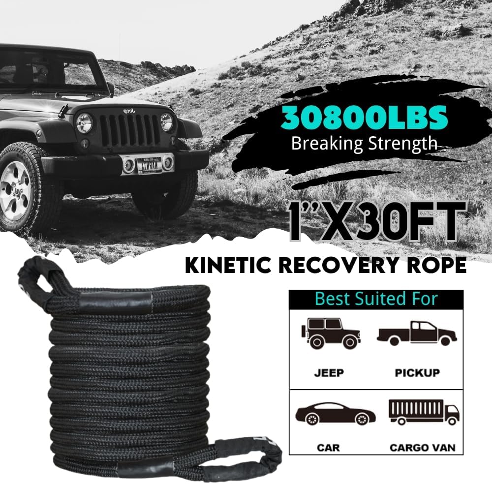 Kinetic Recovery Rope 1" x 30ft Heavy Duty Offroad Recovery Rope 48000lbs Snatch Strap Offroad Recovery Kit for UTV, ATV, Truck, Car, Tractor