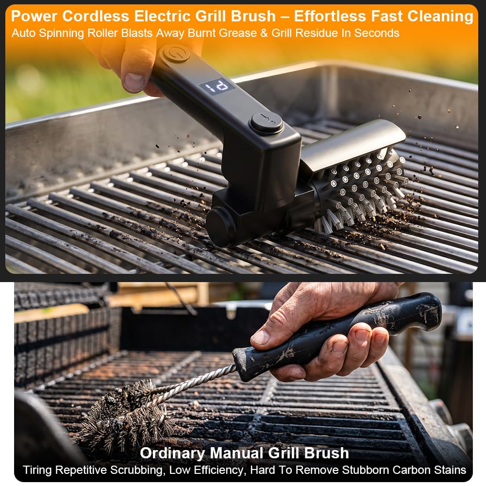 AOOWU Spazzola Elettrica per Barbecue, 3 Velocità, 2 Ore Autonomia, 270° | Spazzola per Griglie da Esterno, Pulitore BBQ Senza Fili, Impermeabile, Teste di Spazzola in Acciaio Inox e Nylon a 270°