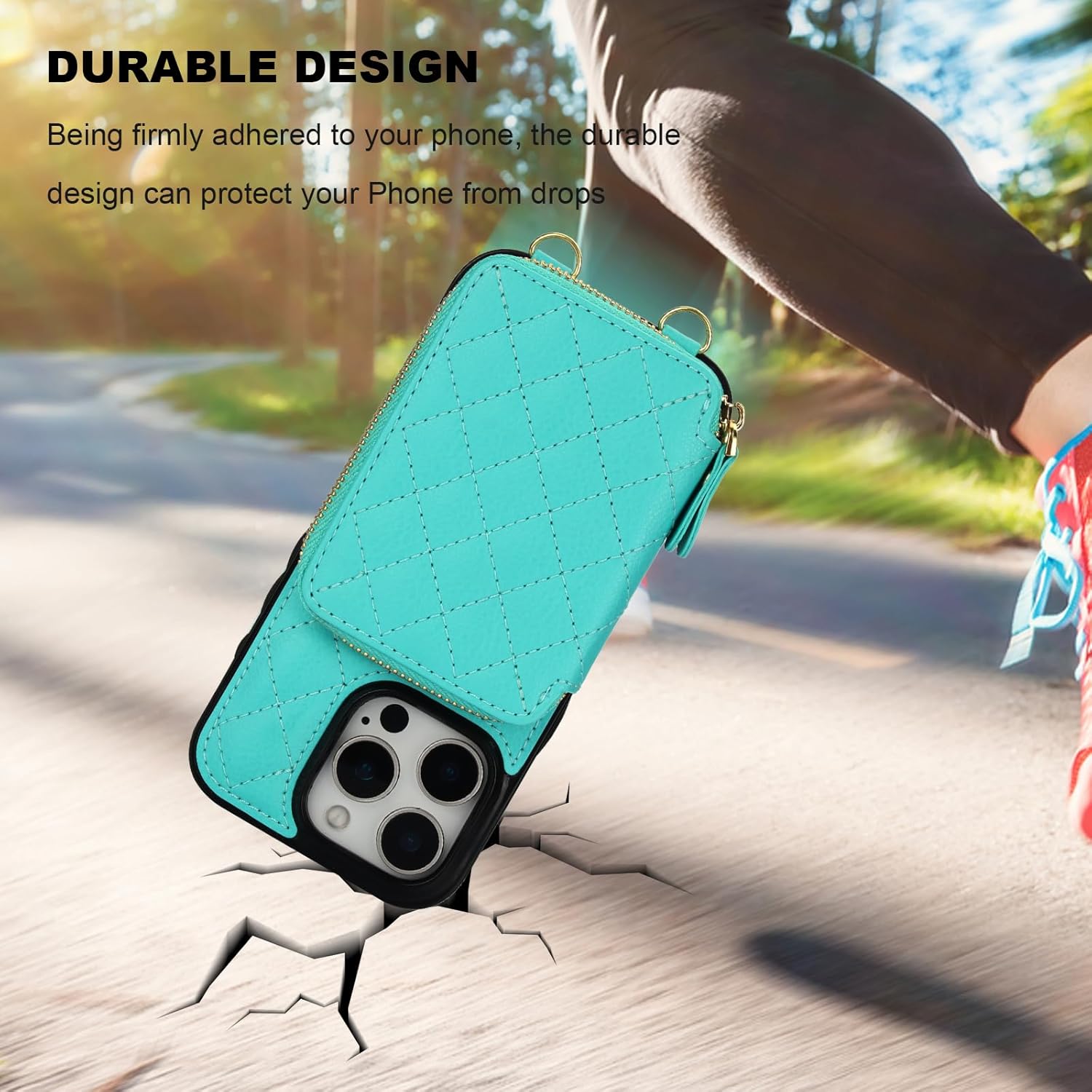 Bocasal Crossbody Wallet Case for iPhone 16 Pro, RFID Blocking PU Leather Zipper Handbag Purse Flip Cover, Kickstand Folio Case with Card Slots Holder Wrist Strap Lanyard 5G 6.3 Inch (Mint Green)