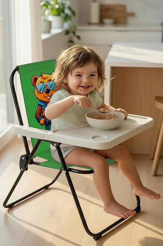 Exent Kids 2–6 Yaş, Maskot Ayı Katlanır Portatif Mama Sandalyesi, Tak-Çıkar Masa ile-YEŞİL