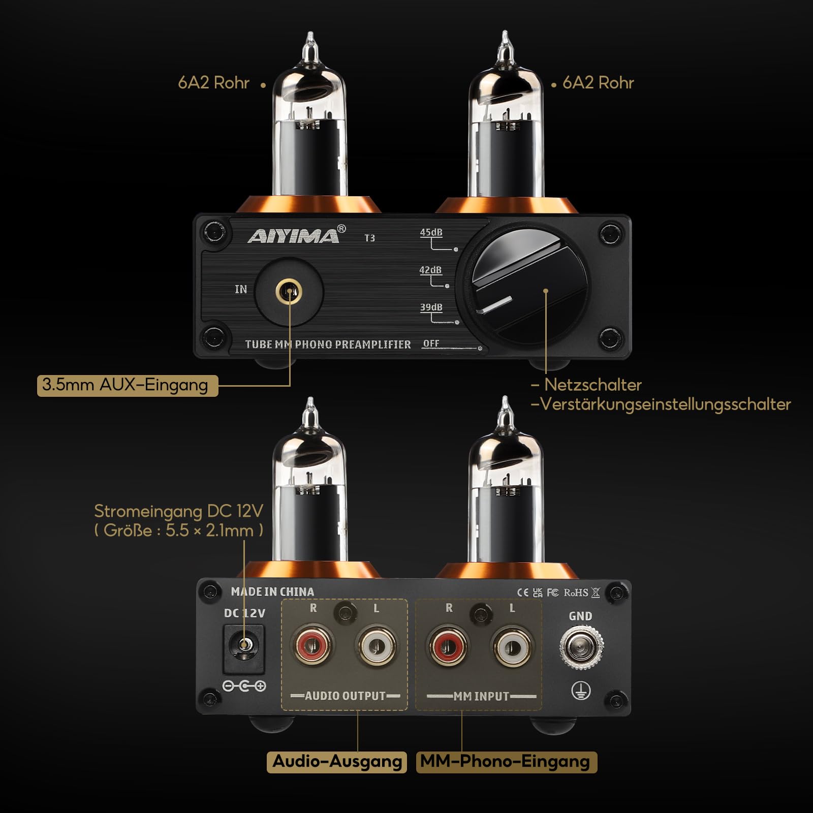 AIYIMA T3 Röhren HiFi MM Phono Vorverstärker für Plattenspieler-Vorverstärker mit Gain-Stereo-Audio für Phono-Audiophile