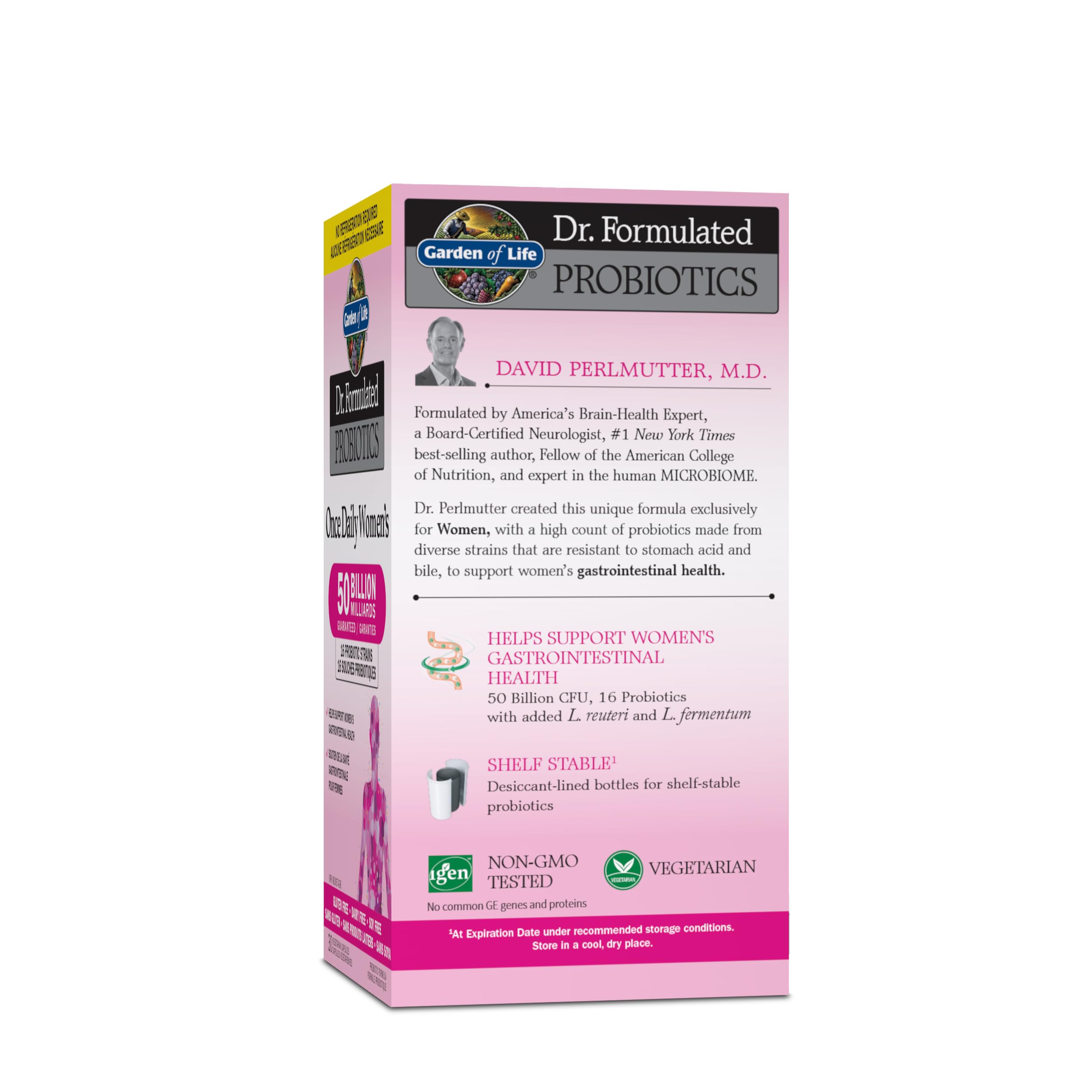 Close-up of the Garden of Life Dr. Formulated Probiotics Once Daily Women's bottle showing the branding and capsule count.