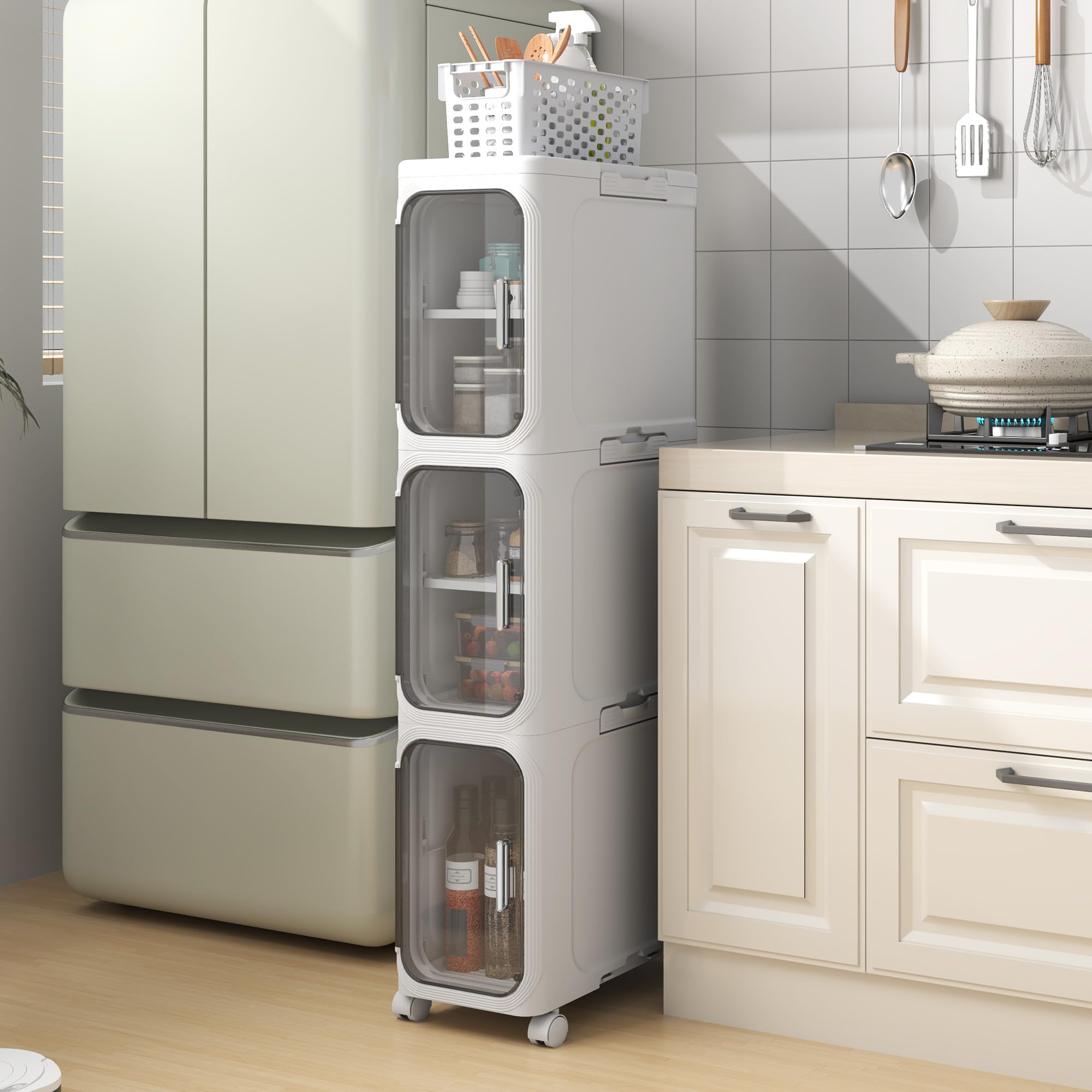 Badezimmerschrank, 20cm Schmaler badschrank aus Kunststoff mit Tür, wasserdichter Kleiner Rollwagen mit Rädern, Regal für Badezimmer, Wohnzimmer, Küche (21W*97H*34D)