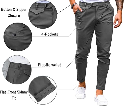 Miniatura 3 de Pantalones chinos ajustados para hombre, parte delantera plana, elásticos, ajustados, de vestir, cómodos, casuales, lisos