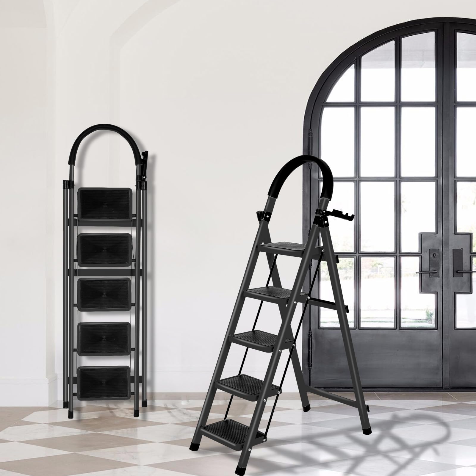 Échelle Compacte avec Poignée en Caoutchouc, Escabeau 5 Marches Pliable, Design Antidérapant, Fabriquée en Acier Alliage de Haute Qualité, Charge Maximale 150kg, 152 x 87 x 39 cm - 5 marches (Noir)