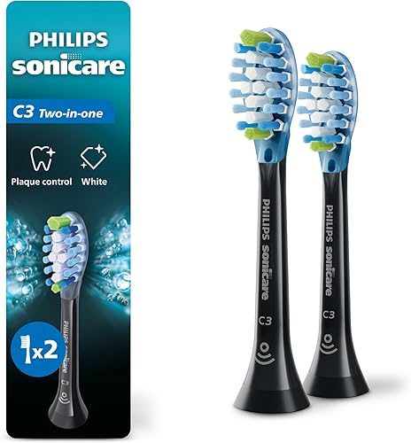 Philips Sonicare C3 Two-in-One - Cabezales de cepillo de dientes eléctricos de repuesto genuino, negro, paquete de 2, HX9042/95