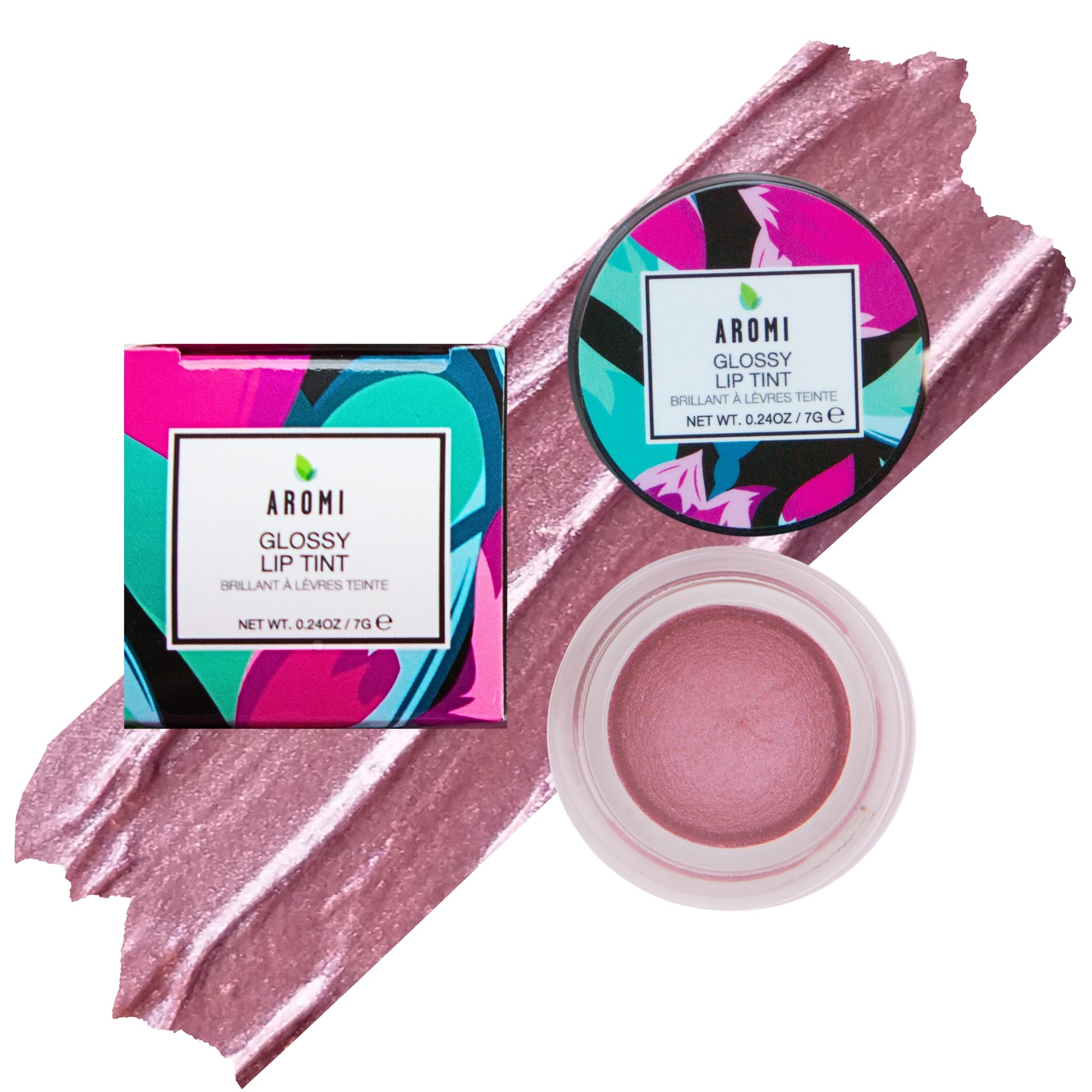 Aromi Glossy Lip Tint in Pot Shimmery Hydrating Lip Gloss Color Metallic Rosy Mauve Shade Vegan Cruelty-free Moisturizing