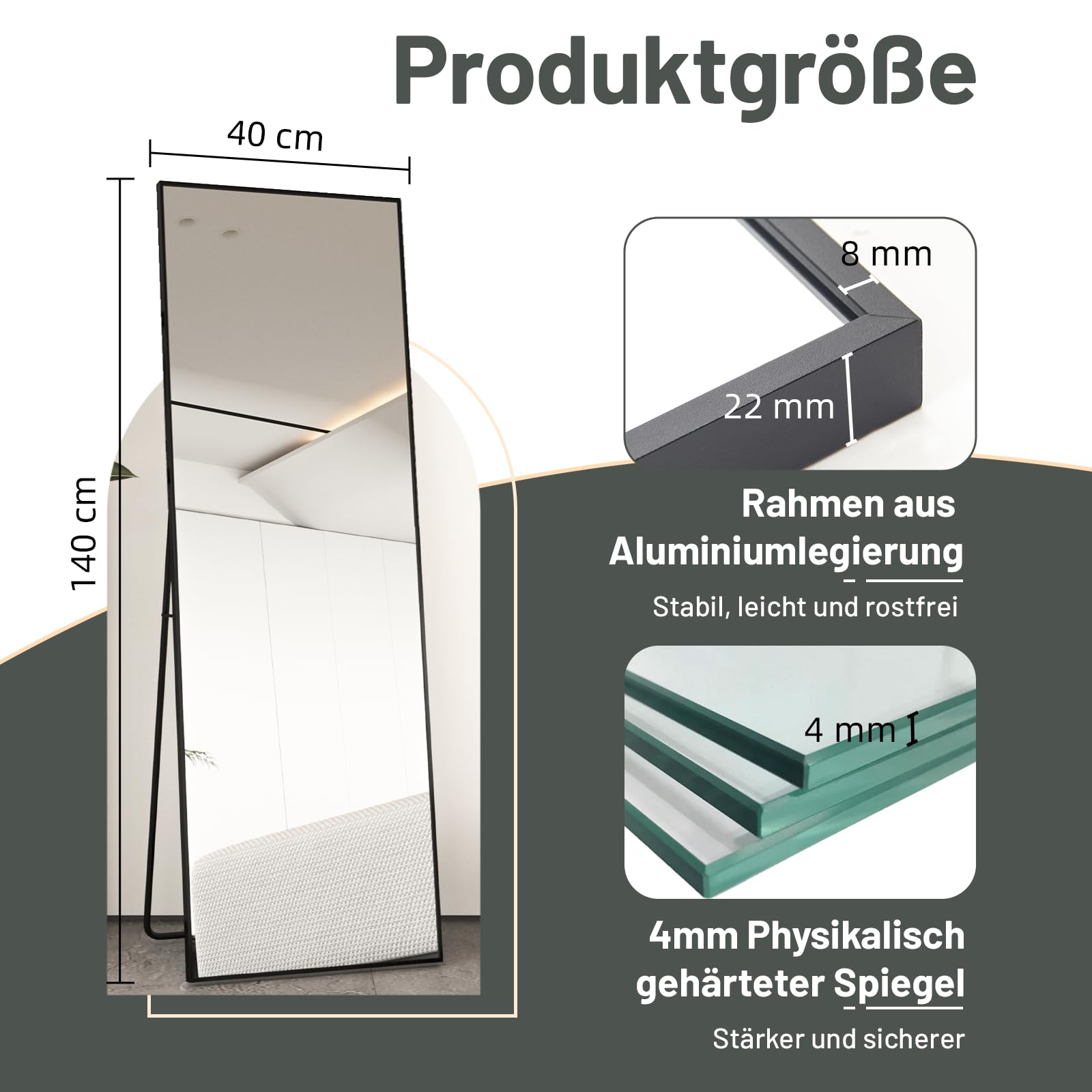 Lustro stojące z czarną metalową ramą 140 x 40 cm lustro pełne | Rama ze stopu aluminium, szkło hartowane, stojąca lub wisząca na ścianie do sypialni, salonu, korytarza