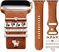 Vista 21 de DaQin Banda con Flor Grabada Compatible con Apple Watch, Bandas de 44mm, 42mm, 45mm, 46mm para Mujeres, Correa de Silicona Suave con Decoración