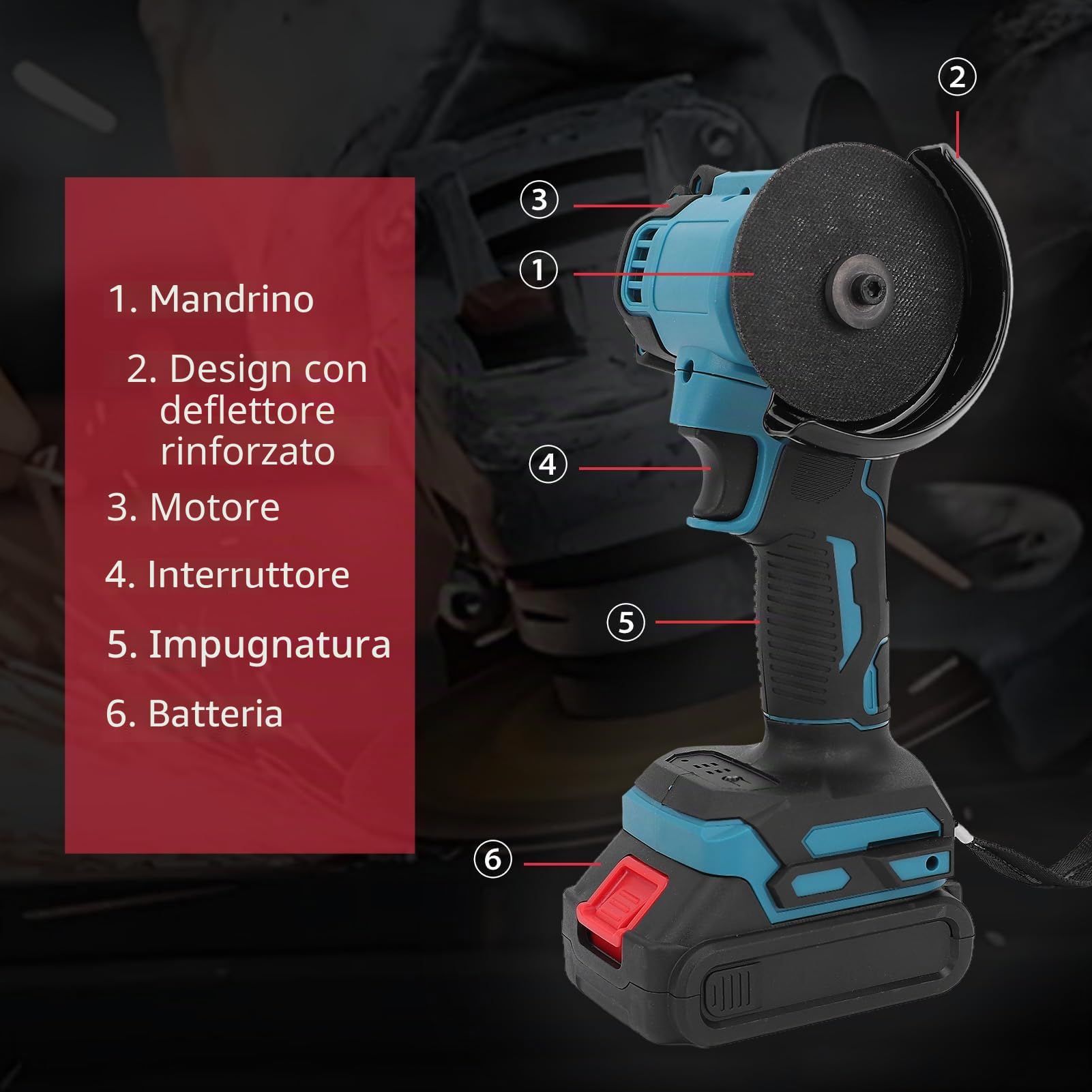 Mini-smerigliatrice angolare, senza fili, 21 V, utensile elettrico per lucidatura con 2 batterie ricaricabili, multifunzionale, con 7 dischi per mattoni, legno e acciaio