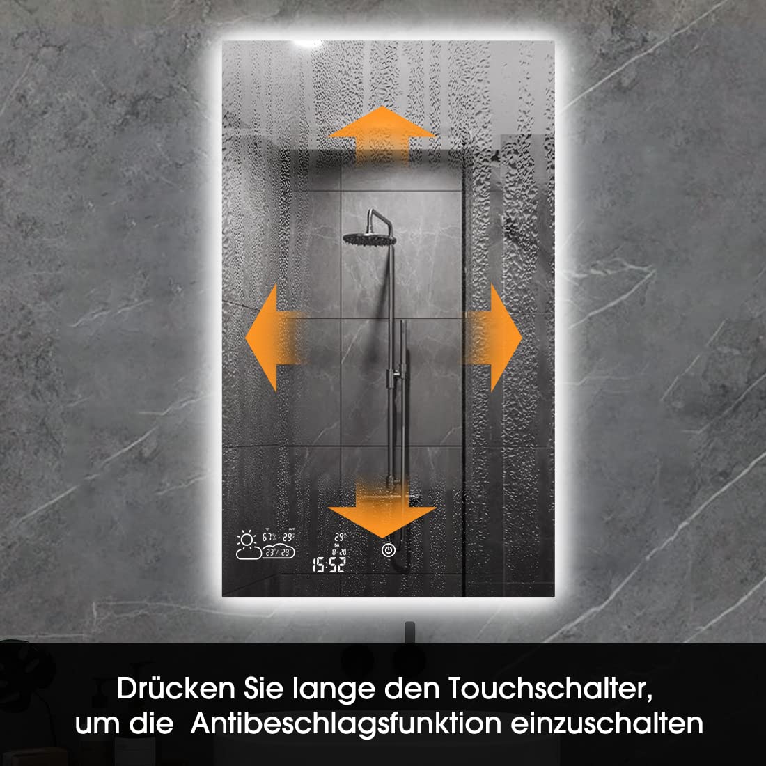 byecold Badspiegel mit LED Beleuchtung 100x60CM, Badezimmerspiegel Antibeschlag, Bad Spiegel Wandspiegel Lichtspiegel Touchschalter, Smart Mirror, WiFi Wetterstation Datum Vertikal