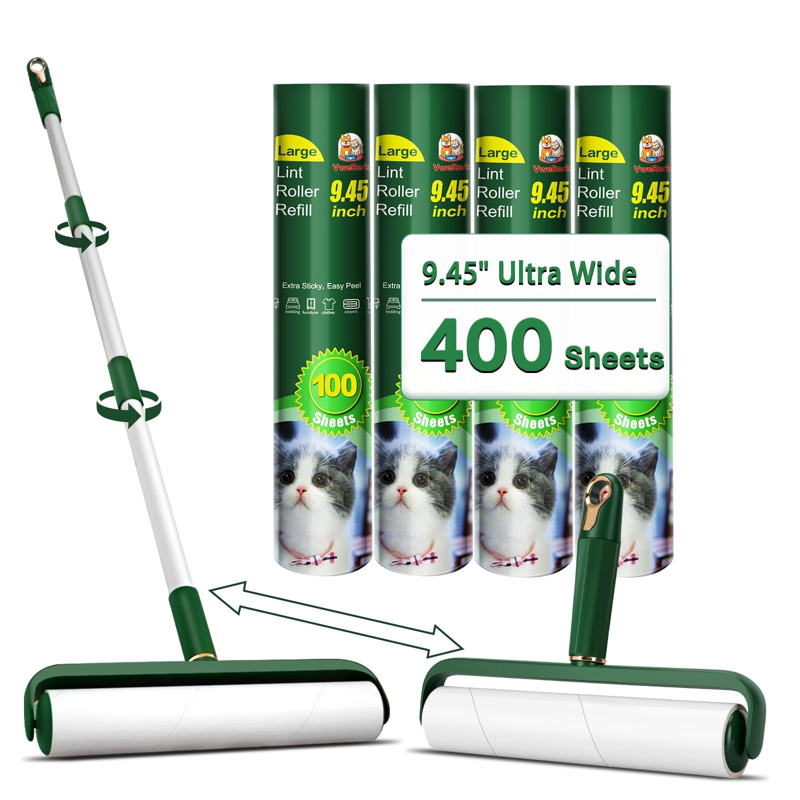 Große Fusselrollen für Tierhaare, extra stark haftend, Nachfüllrollen mit 400 Blatt, mit langem Griff, 9,45 Zoll (24 cm) Lange Riesen-Fusselrolle für Fußboden, Möbel und Tierhalter (Grün)