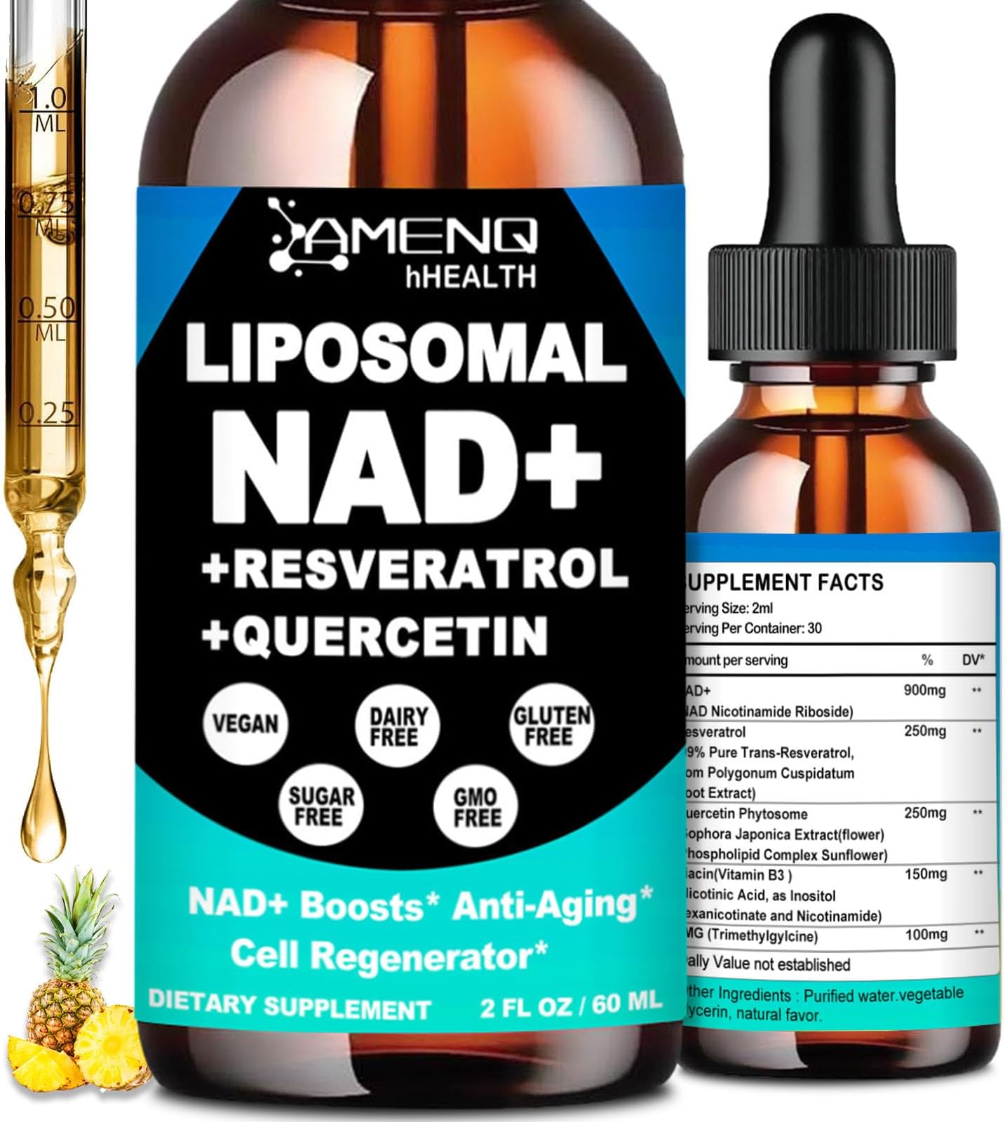 NAD Supplement, Liposomal NAD Nicotinamide Riboside Resveratrol 900mg Quercetion, TMG, Vitamin B3, High Potency NAD Plus Liquid Supplement for Cell Regenerator, Longevity, Energy, Anti-Aging, Focus