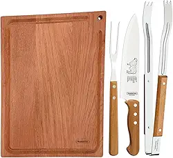 Kit para Churrasco Tramontina com Pegador Faca e Garfo Trinchante + Tabua de Corte 20x33cm
