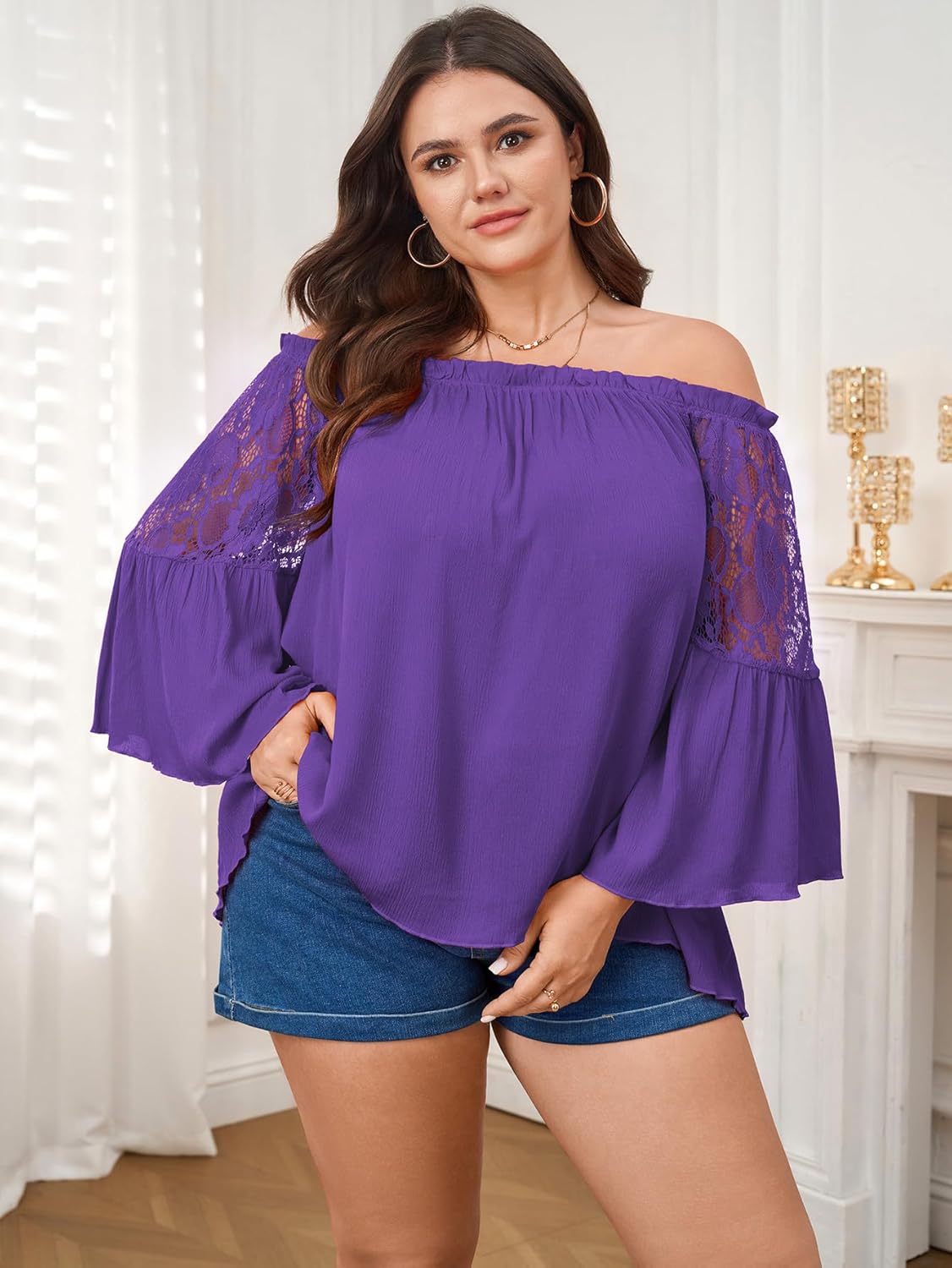 Women's Plus Size Off The Shoulder Top 3/4 Bell Lace Sleeve Summer Casual Boho Blouse Flowy Textured Peasant Shirt - Image 8