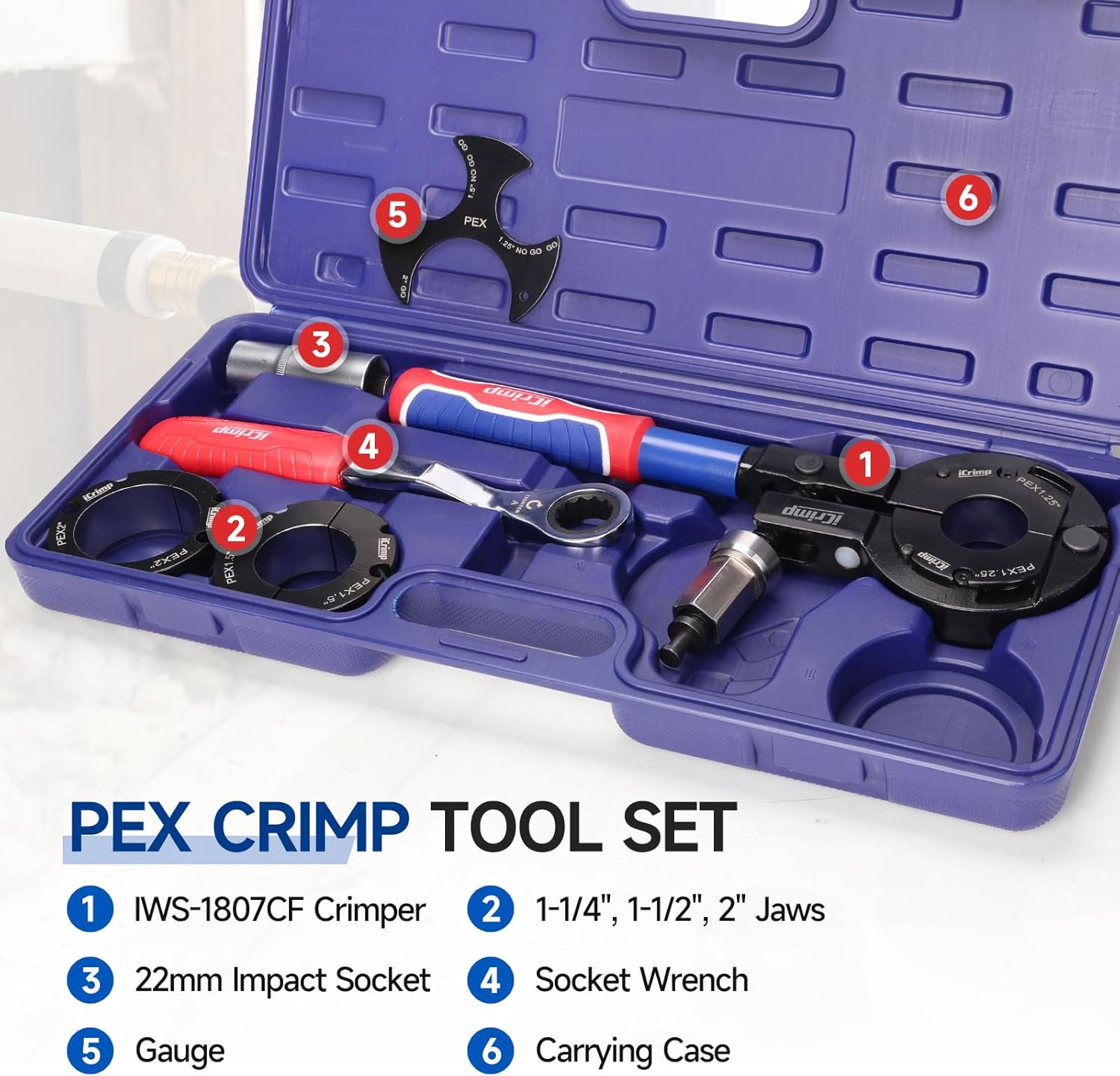 iCrimp Pex Pipe Crimping Tool kit for 1-1/4", 1-1/2", 2" Copper Ring with Gauge, Adapts to Manual Wrench & Socket for Tight Spaces