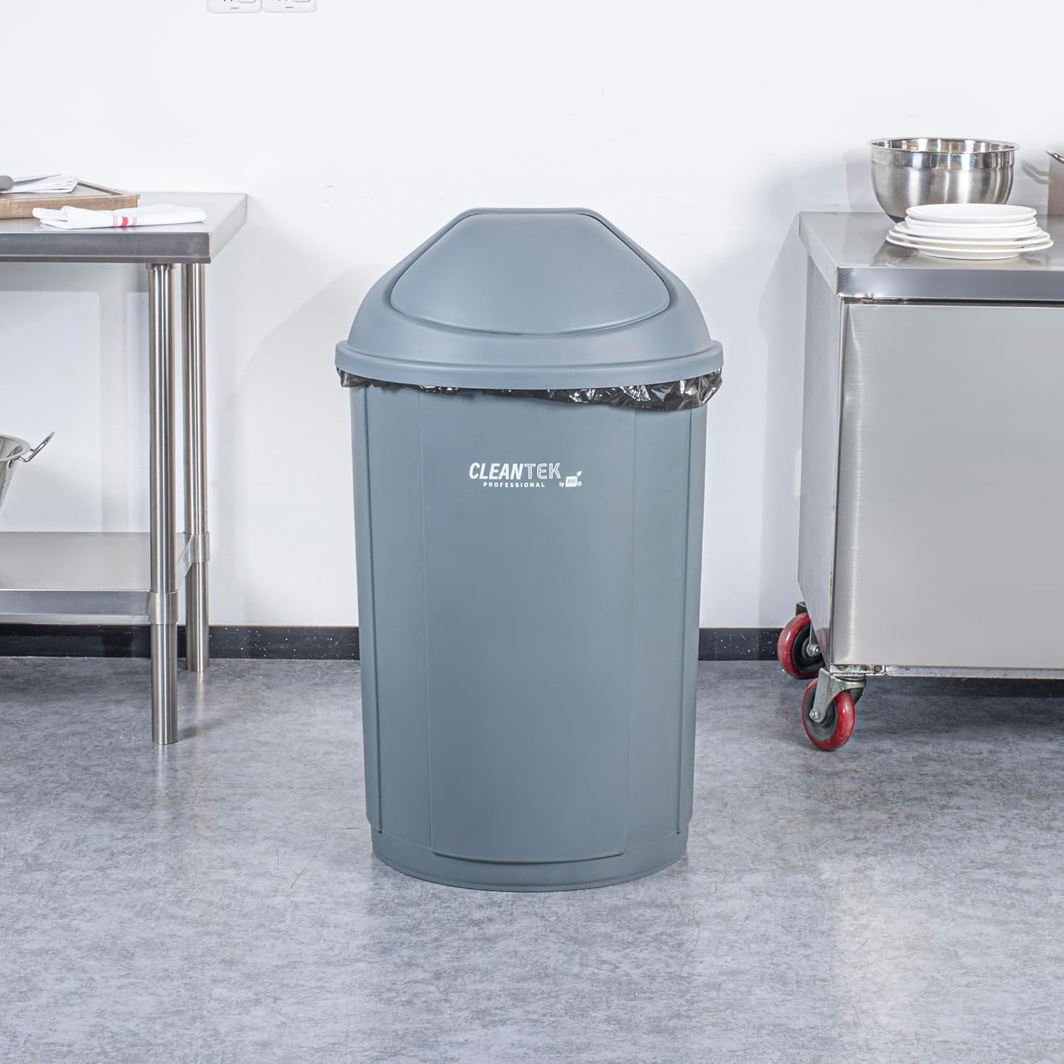 Restaurantware-LID ONLY: Clean Tek Professional Trash Can Lid, 1 Dome Swing Top Cover - Trash Bin Sold Separately, Semi-Round Shape, Gray Plastic, For Garbage Can, Heavy-Duty, For Home, Office