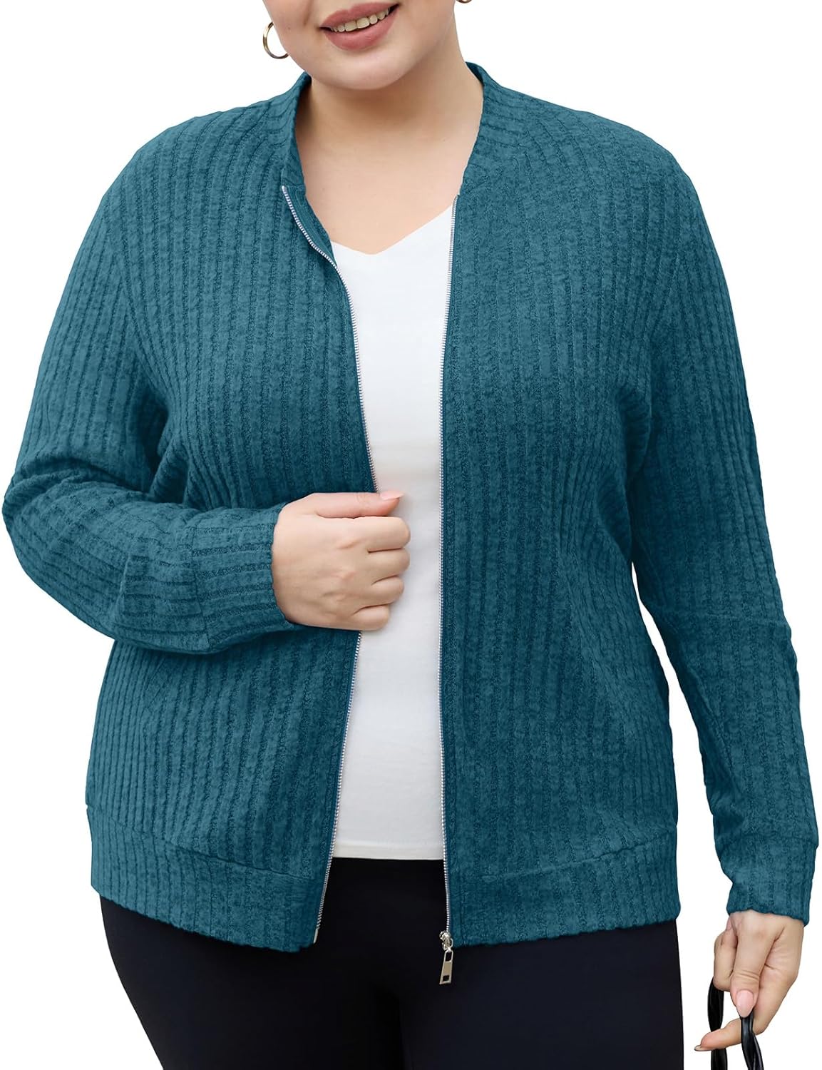 Plus Size Zip Up Sweaters for Women Casual Cardigan Sweater Long Sleeve Oversized Jacket with Pockets XL-5XL